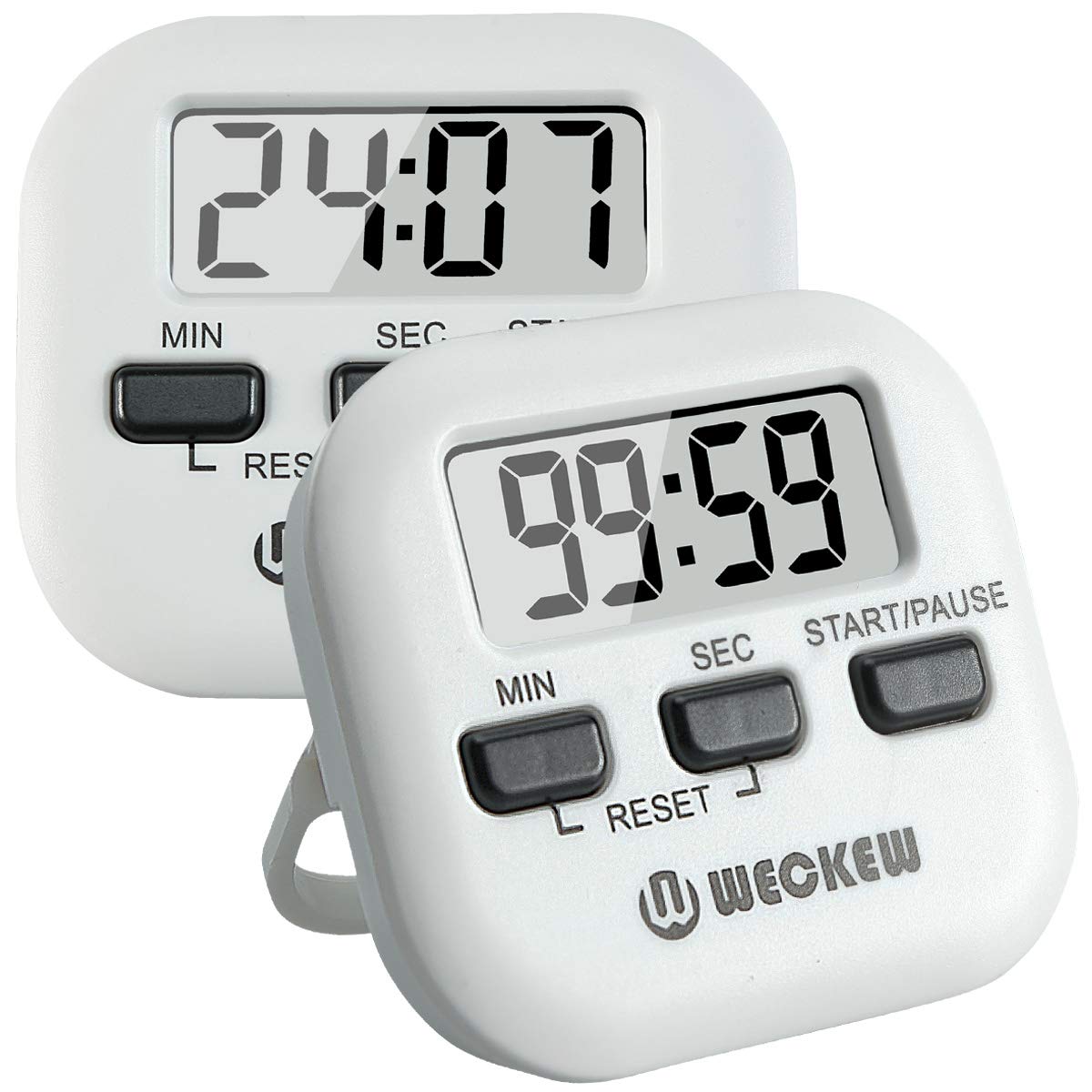 WECKEW 2 Pack Digital Kitchen Timer with Loud Alarm - Magnetic Countdown Stopwatch with Big Display, Stand & Hanging Hole - Perfect for Cooking, Baking, Shower, Bathroom, Classroom & Kids Activities (White)