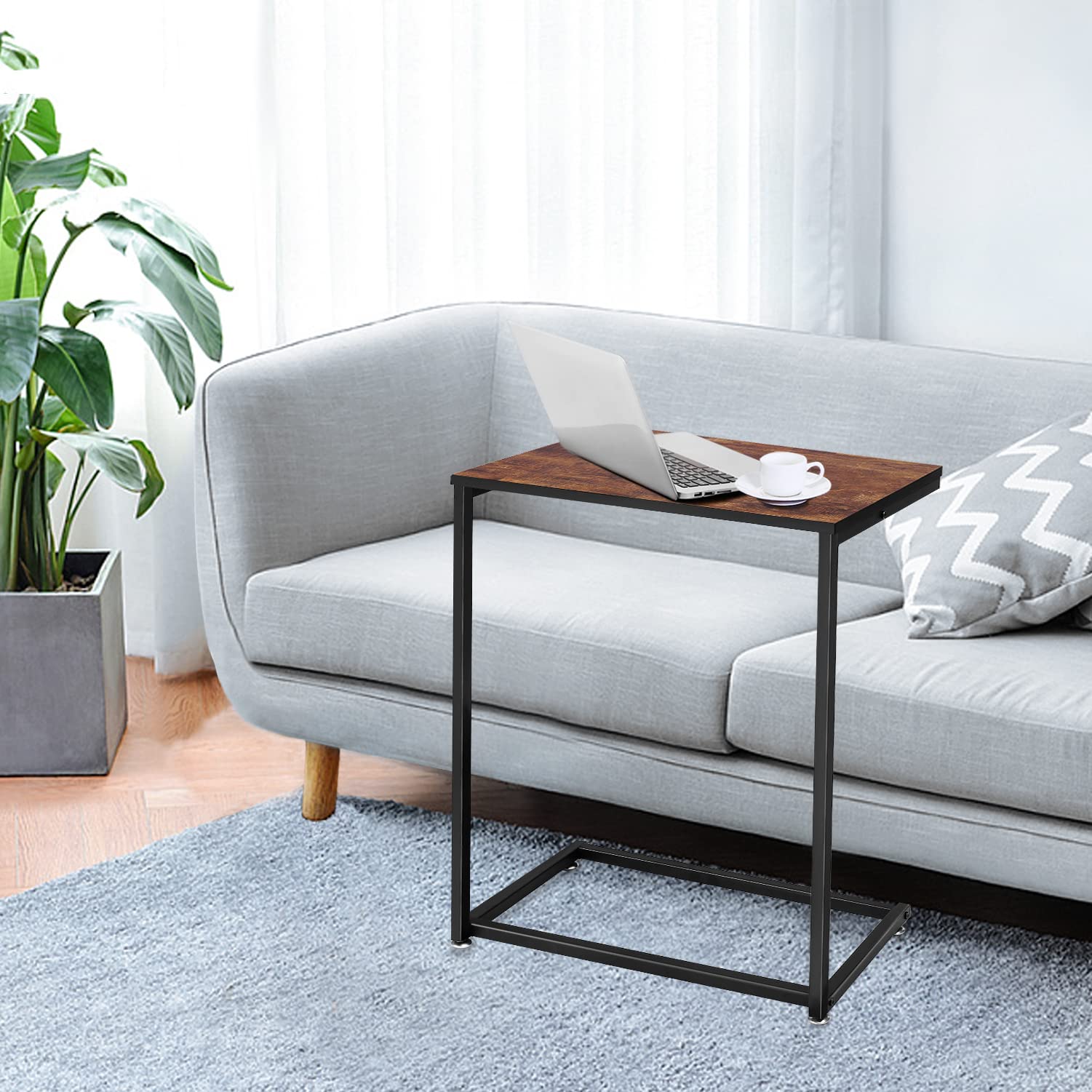 Modern C-Shaped Side Table with Metal Frame & Wood Top - Rustic Brown End Table for Laptop, Coffee & Snacks - Perfect for Living Room, Bedroom & Small Spaces - Ideal as Couch Table, Nightstand or Home Office Accent