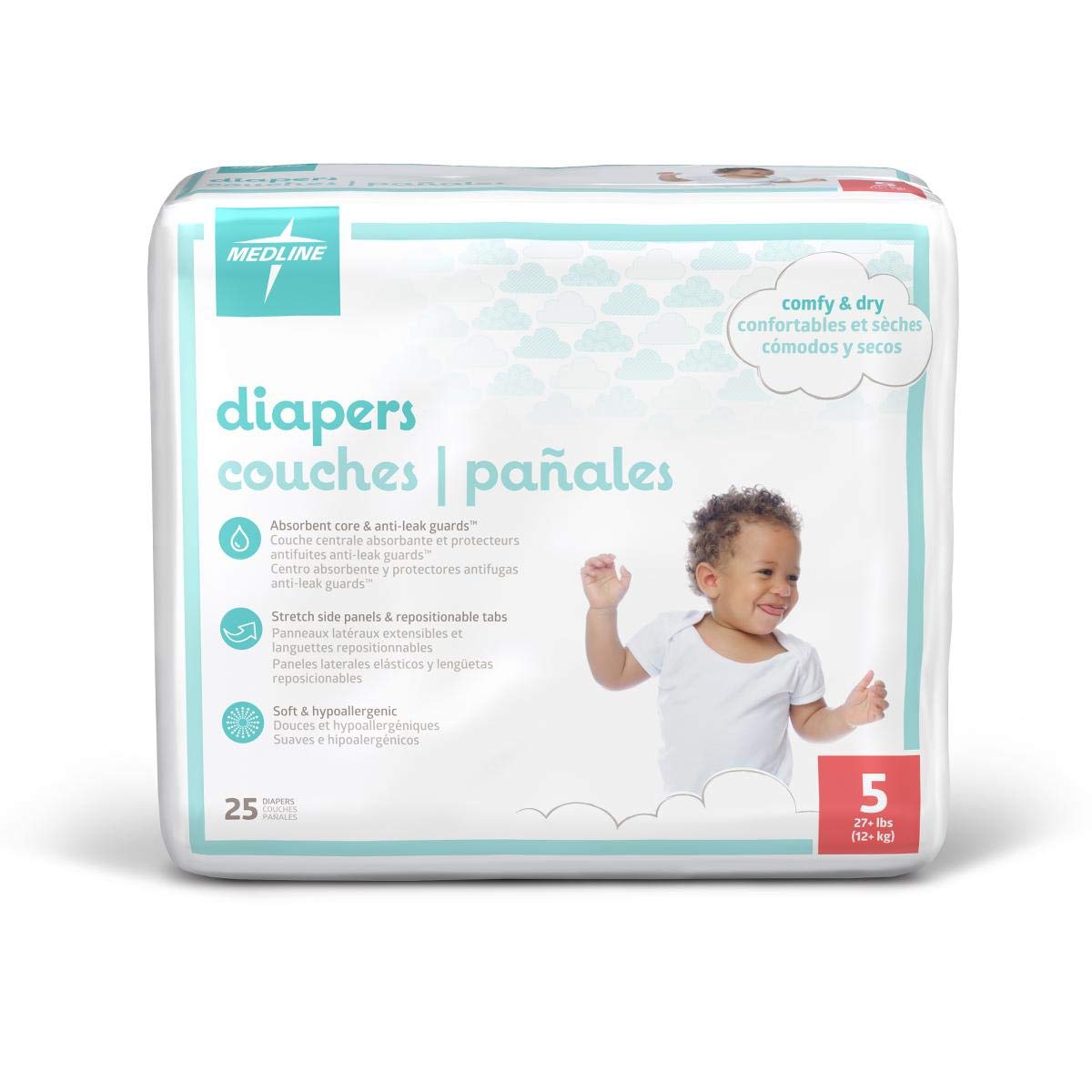 **Medline Premium Disposable Baby Diapers - Super Absorbent, Ultra-Soft for Sensitive Skin, Size 5 (27+ lbs), 200 Count (8 Packs of 25) - Ideal for Overnight Use, Daycare & Travel**