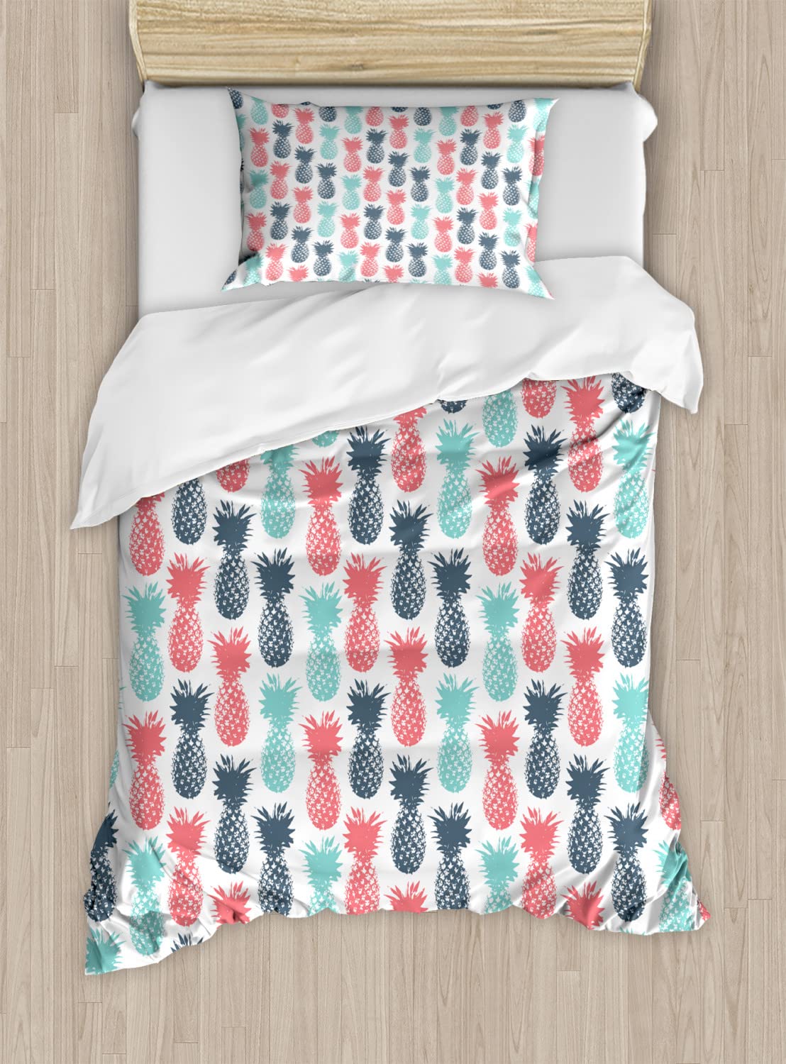 Ambesonne Pineapple Duvet Cover Set - Tropical Fruit Pattern Bedding with 2 Duvet Covers & 2 Pillowcases, Twin Size 2-Pack in Turquoise Coral - Perfect for Summer Beach Themed Bedrooms, Guest Rooms & Vacation Home Decor