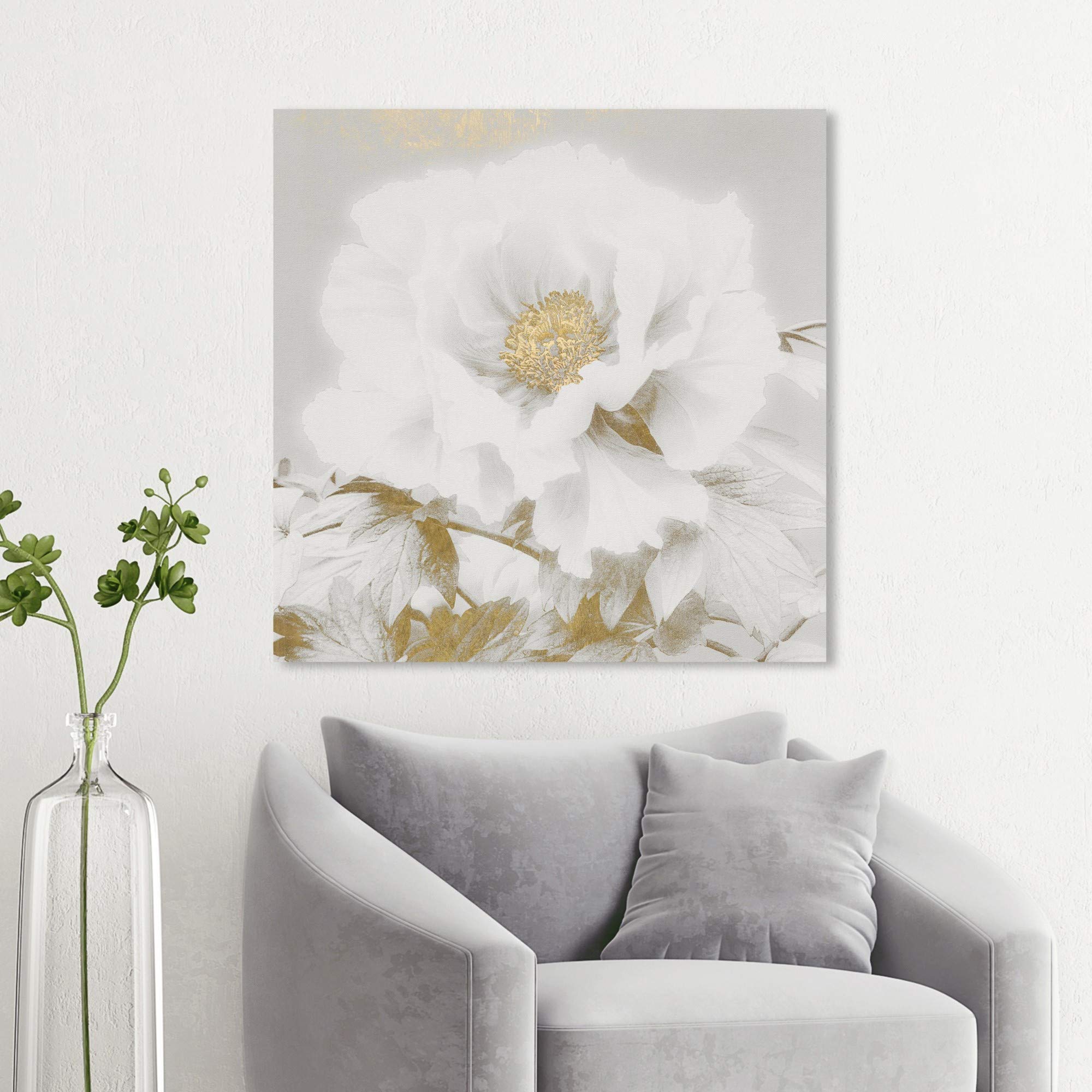 Wynwood Studio Botanical Wall Art Canvas Print 'Kazumasa Antique II' - 30x30 Inch Floral Home Decor in White & Gold - Perfect for Living Room, Bedroom, or Office Wall Decoration