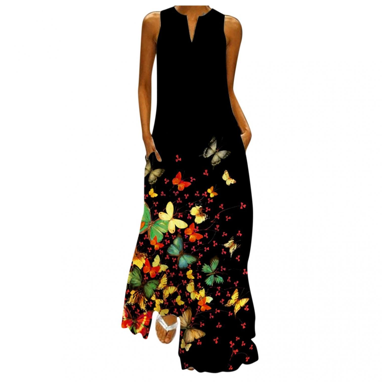 Women's Summer Casual Long Maxi Dress with Butterfly Print - V Neck Sleeveless Loose Beach Party Tank Dress for Vacation, Wedding Guest, and Outdoor Events