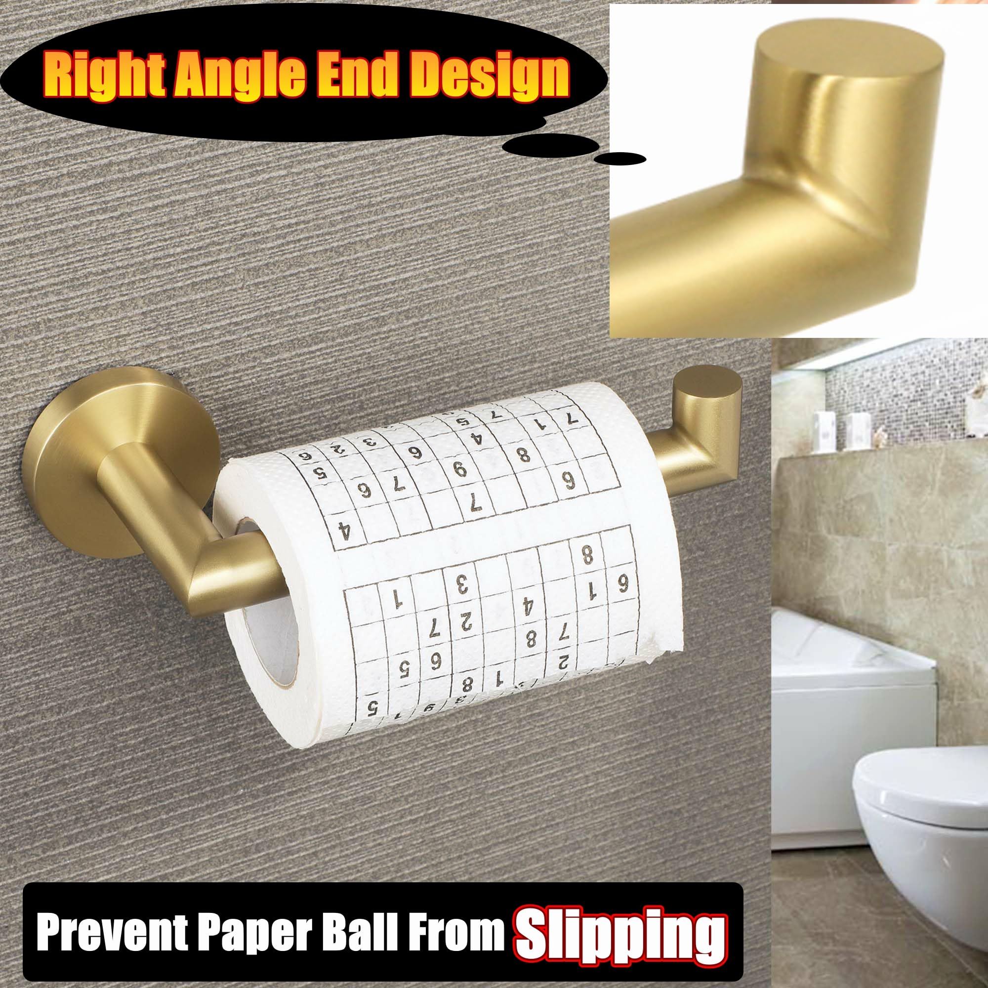 Stainless Steel Toilet Paper Holder Wall Mount - Brushed Gold Bathroom Tissue Roll Dispenser, SUS304 Paper Rack for Home & Office Use - GKN130-G