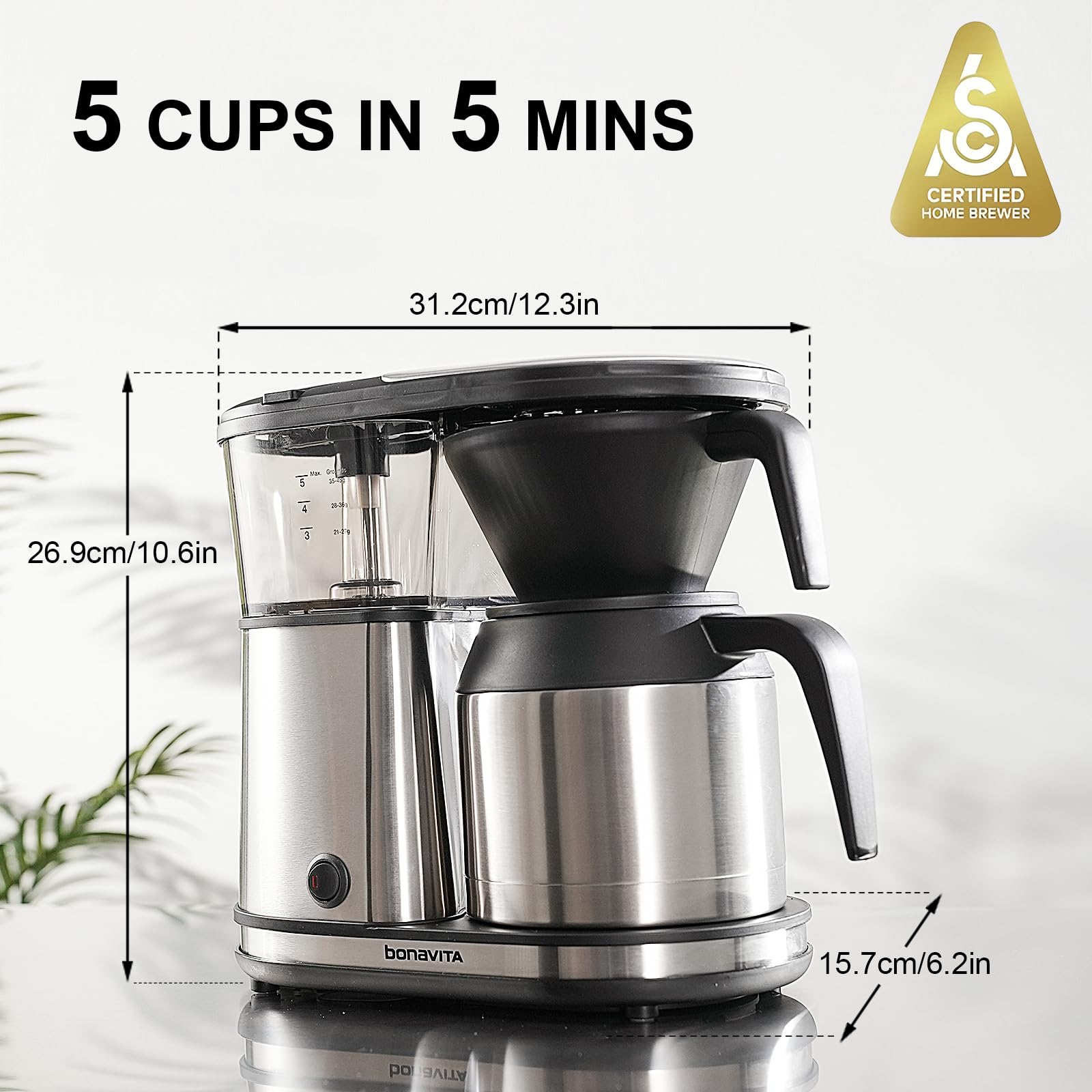 Bonavita BV1500TS 5 Cup Drip Coffee Maker - One-Touch Pour Over, Auto Pause Brewing, SCA Certified with Stainless Steel Thermal Carafe - Perfect for Home, Office & Small Kitchens