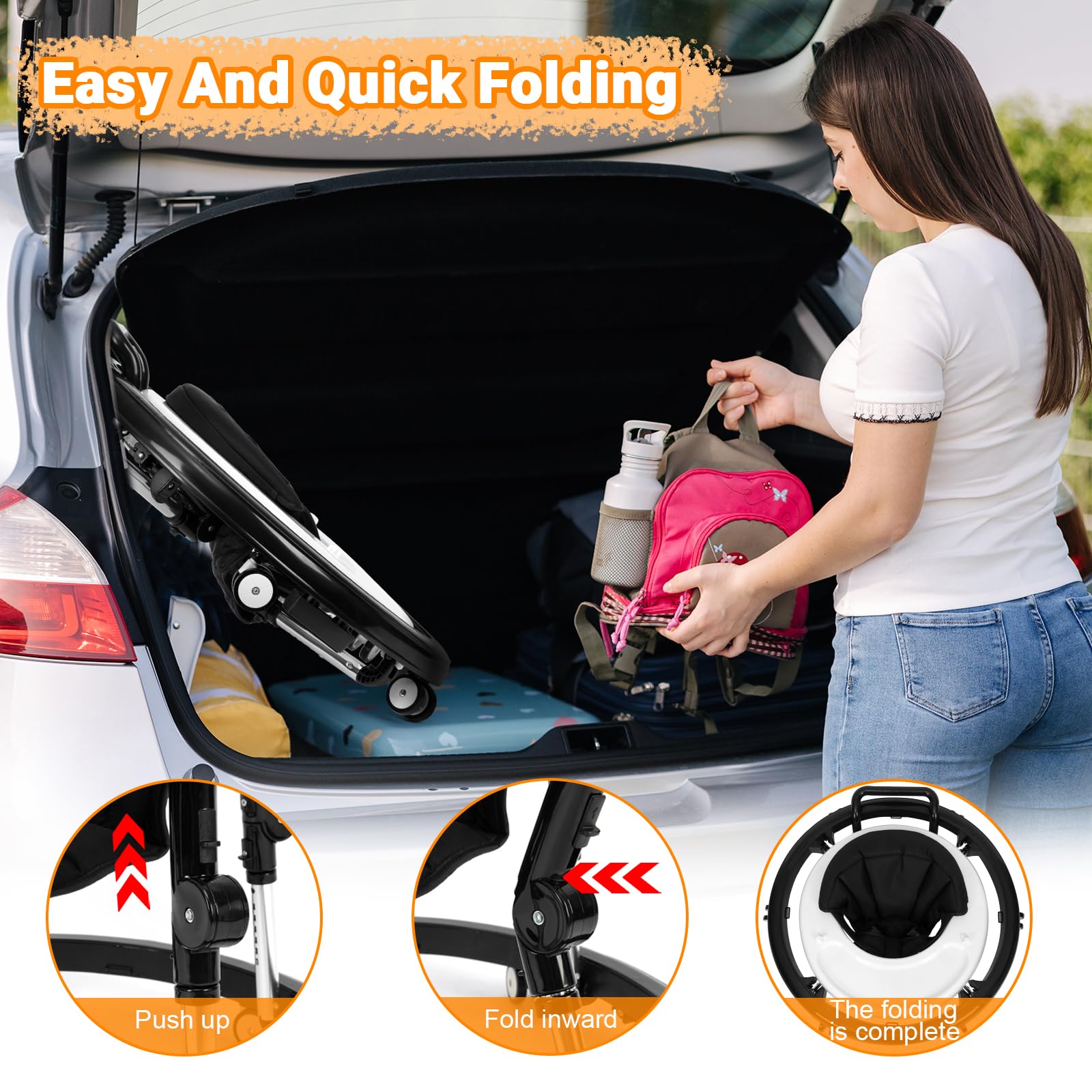 Foldable Music & Lights Baby Walker with 9 Adjustable Heights - Portable Wheeled Activity Center for Boys & Girls 7-18 Months (New Black) - Perfect for Learning to Walk & Indoor Playtime