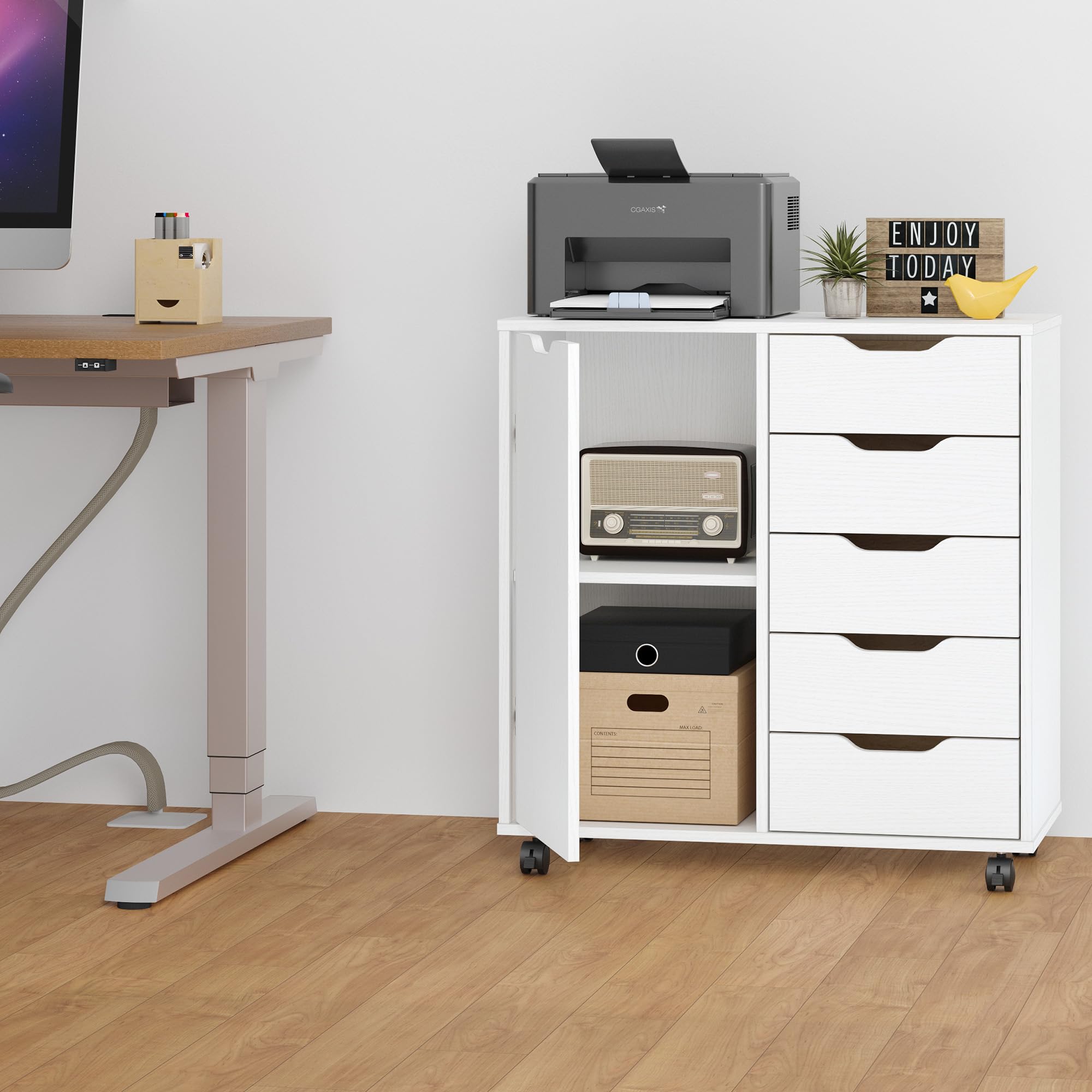 Panana 5-Drawer Wooden Dresser with Wheels & Door - White Storage Cabinet for Bedroom, Office Organization & Clothes Storage - Perfect for Small Spaces & Home Decor