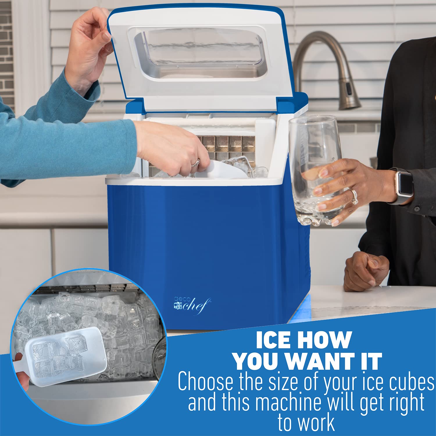 Deco Chef Portable Countertop Ice Maker Machine - 40LB/24H Fast Ice Production, 24 Cubes in 15 Mins, Adjustable Cube Size, Digital Control with Timer, Self-Cleaning Function, EZ Access Flip Lid & Scoop Included (Blue) - Perfect for Home, Office, RV, Boat & Outdoor Parties