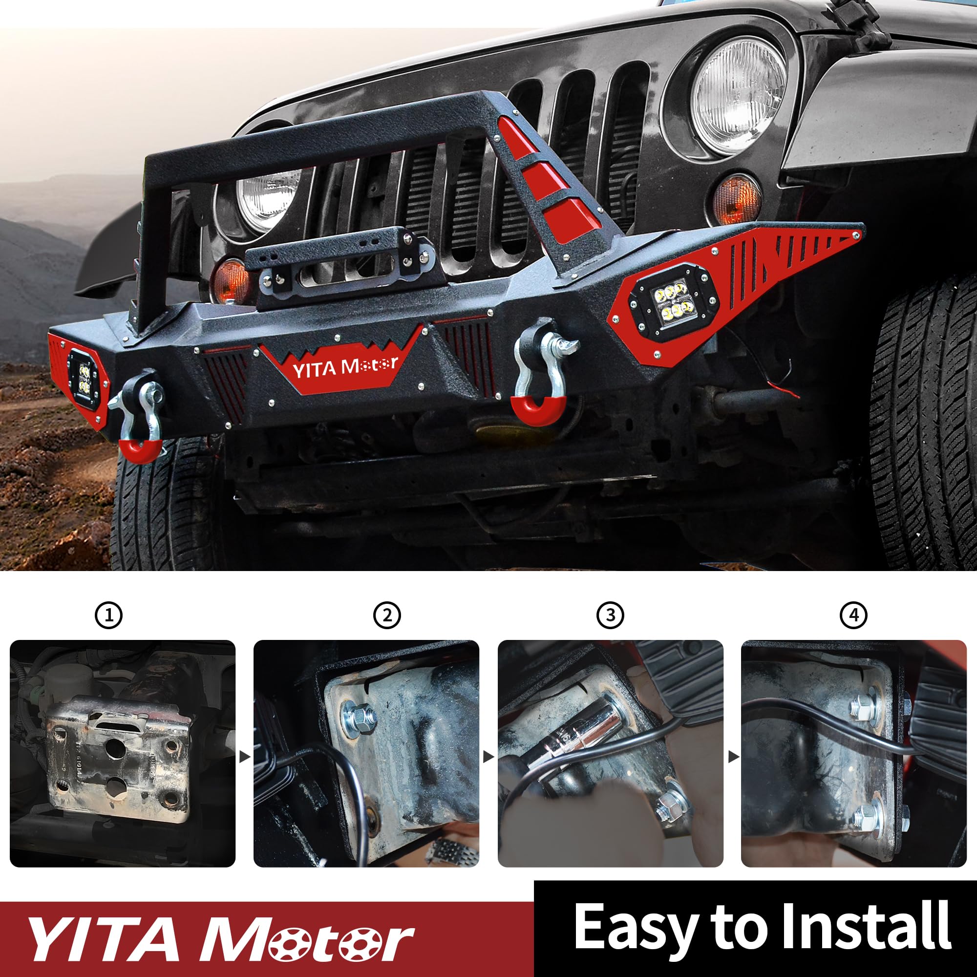 YITAMOTOR Heavy Duty Front Bumper for 2007-2018 Jeep Wrangler JK & JKU Unlimited - Rock Crawler Off-Road Bumper with Winch Plate, LED Lights, D-Rings & License Plate Bracket | Perfect for Off-Roading, Rock Crawling & Jeep Modifications