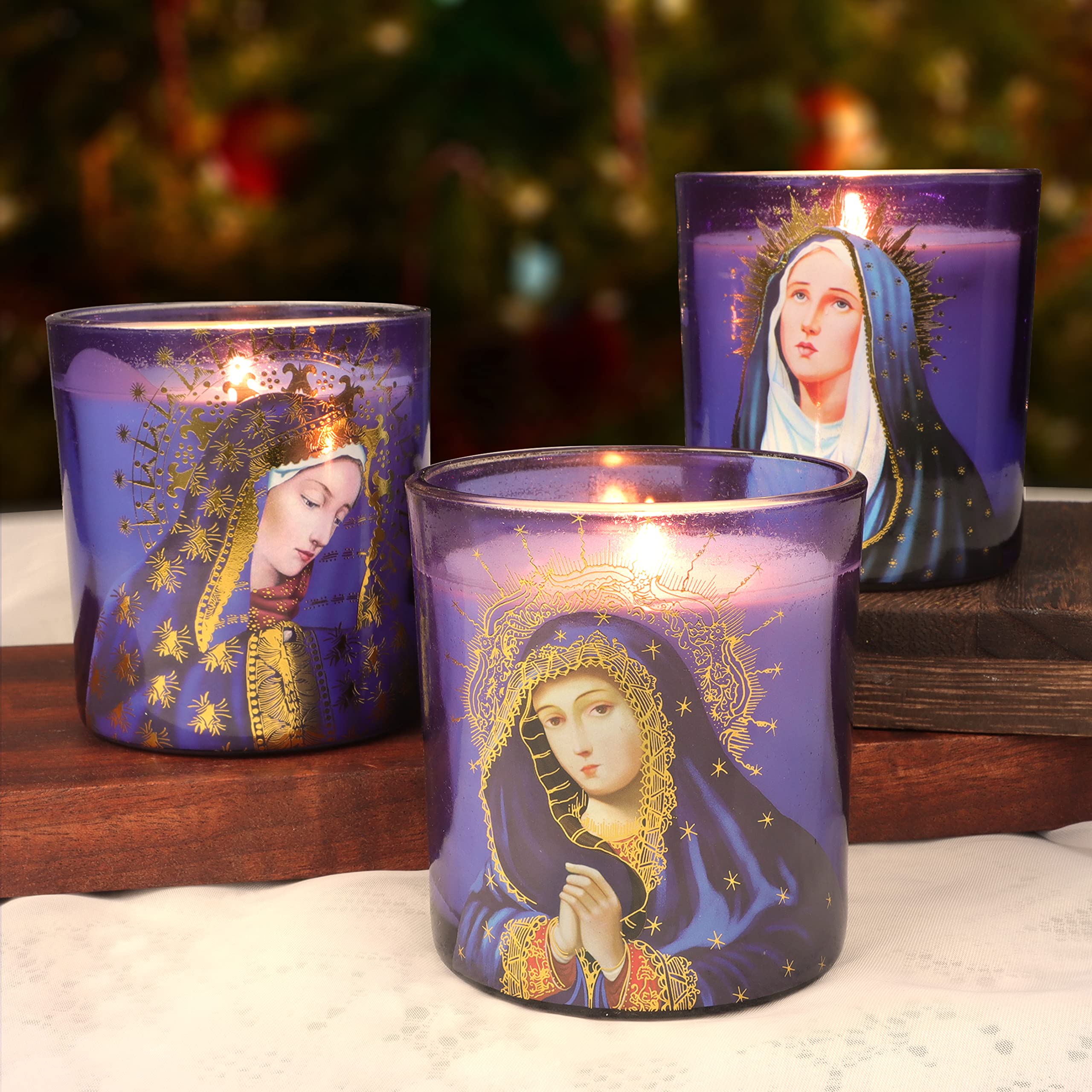 Blessed Virgin Mary Scented Candles - Set of 3 Purple Glass Votive Candles for Catholic Church, Home Altar & Prayer - Long-Lasting Rosemary Scented Soy Wax Jar Candles for Meditation, Devotion & Spiritual Relaxation