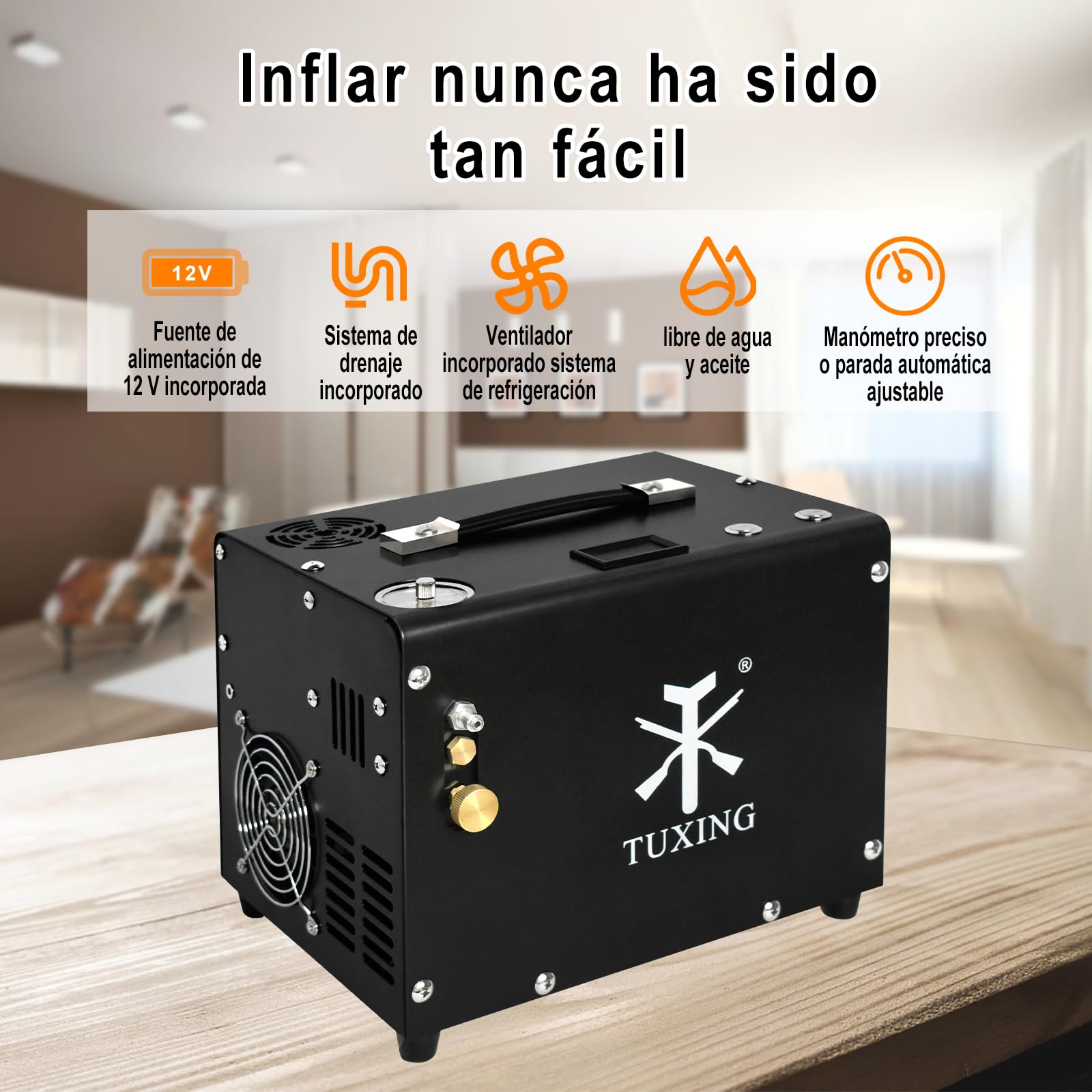 TUXING 4500PSI PCP Air Compressor - Portable High Pressure Air Pump with Auto-Stop, 12V DC & 110V/220V AC Power, Built-in Cooling Fan & Adapter - Perfect for Paintball, Air Rifle, Mini Scuba Tank & PCP Airgun Refilling