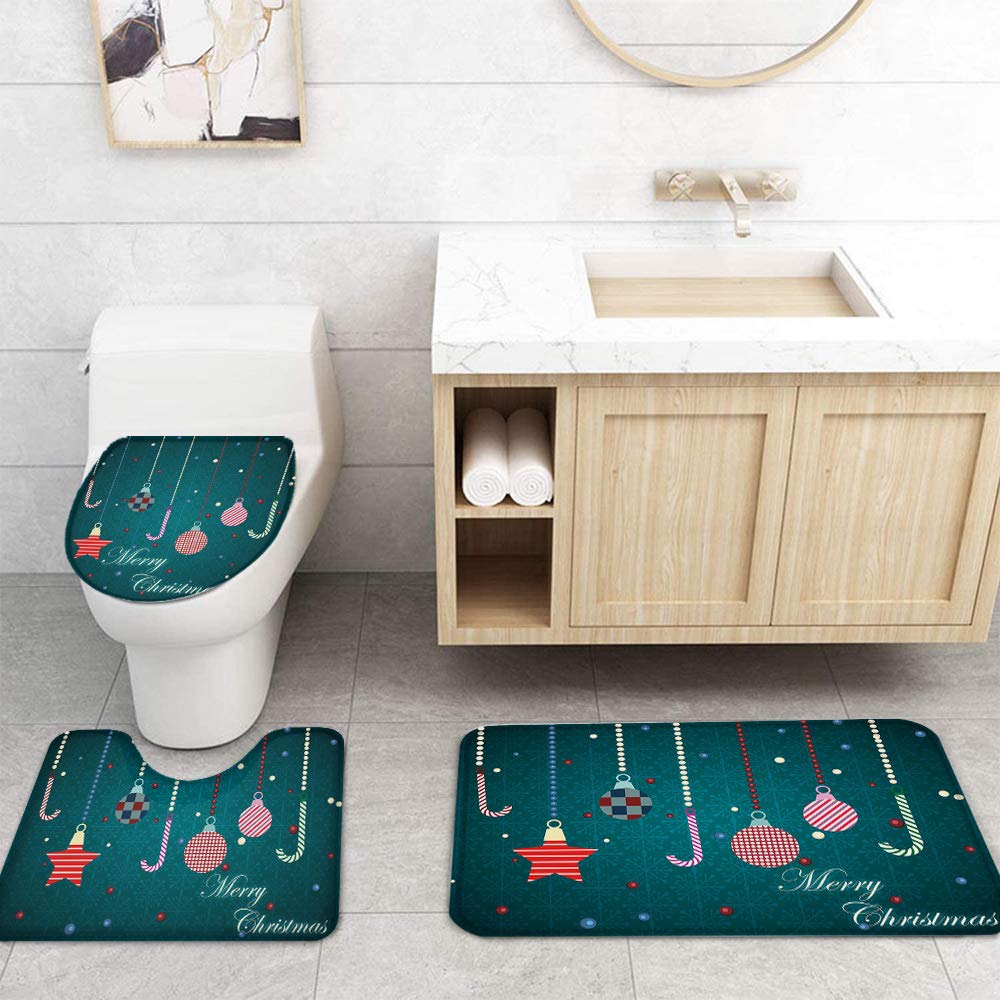 4PCS Non-Slip Bathroom Mat Set - Christmas Balloon Star Snowflake Decor for Shower, Toilet & Bath - Water Absorbent Bath Mats, Shower Curtain & Toilet Seat Cover - Perfect for Holiday Home Decor & Gift Giving