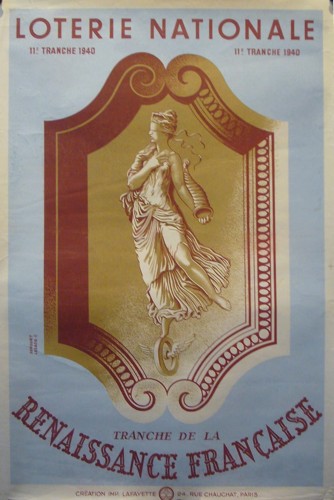 Vintage 1940 French Art Deco Poster - Loterie Nationale 'Renaissance Francaise' Advertisement by Derouet Lesacq - Perfect for Home Decor, Office Wall Art & Vintage Collectors