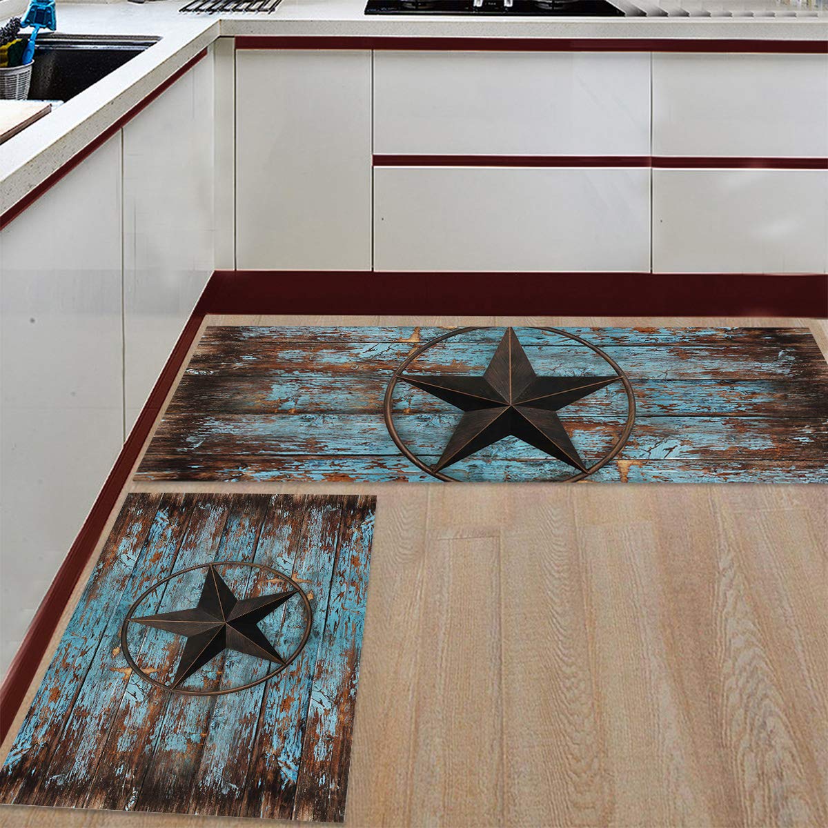 Anti-Fatigue Kitchen Floor Mats Set - 2-Pack Non-Slip Waterproof Standing Mats with Rustic Texas Star Design, Perfect for Cooking, Baking & Dishwashing Comfort