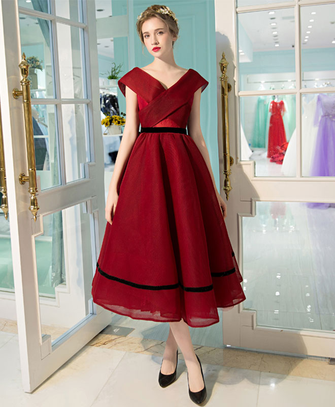 Elegant Burgundy V-Neck Tea Length Prom Dress | Formal Evening Gown for Homecoming, Wedding Guest & Special Occasions