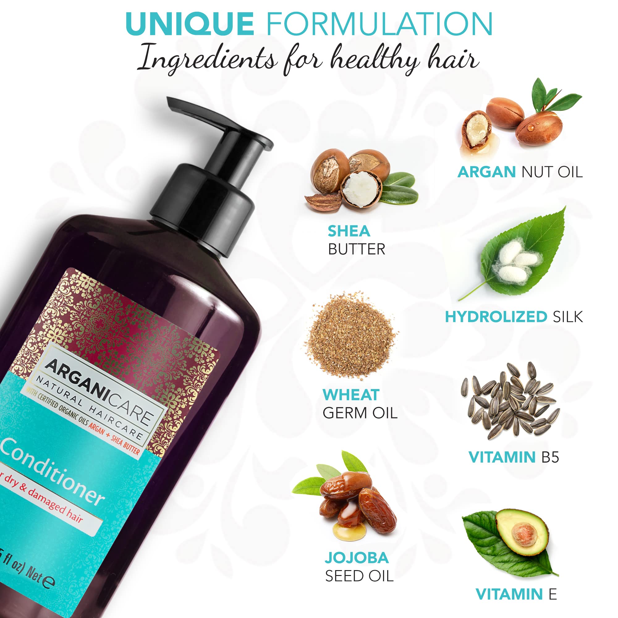 Arganicare Natural Argan Oil Deep Conditioner for Dry Damaged Hair - Jojoba Oil, Shea Butter & Silk Infused - Moisturizing Hair Treatment with Vitamins B5 & E for Men, Women & Kids (13.5 fl oz) | Perfect for Daily Hair Care, Salon-Quality Results at Home, and Repairing Heat-Damaged Hair