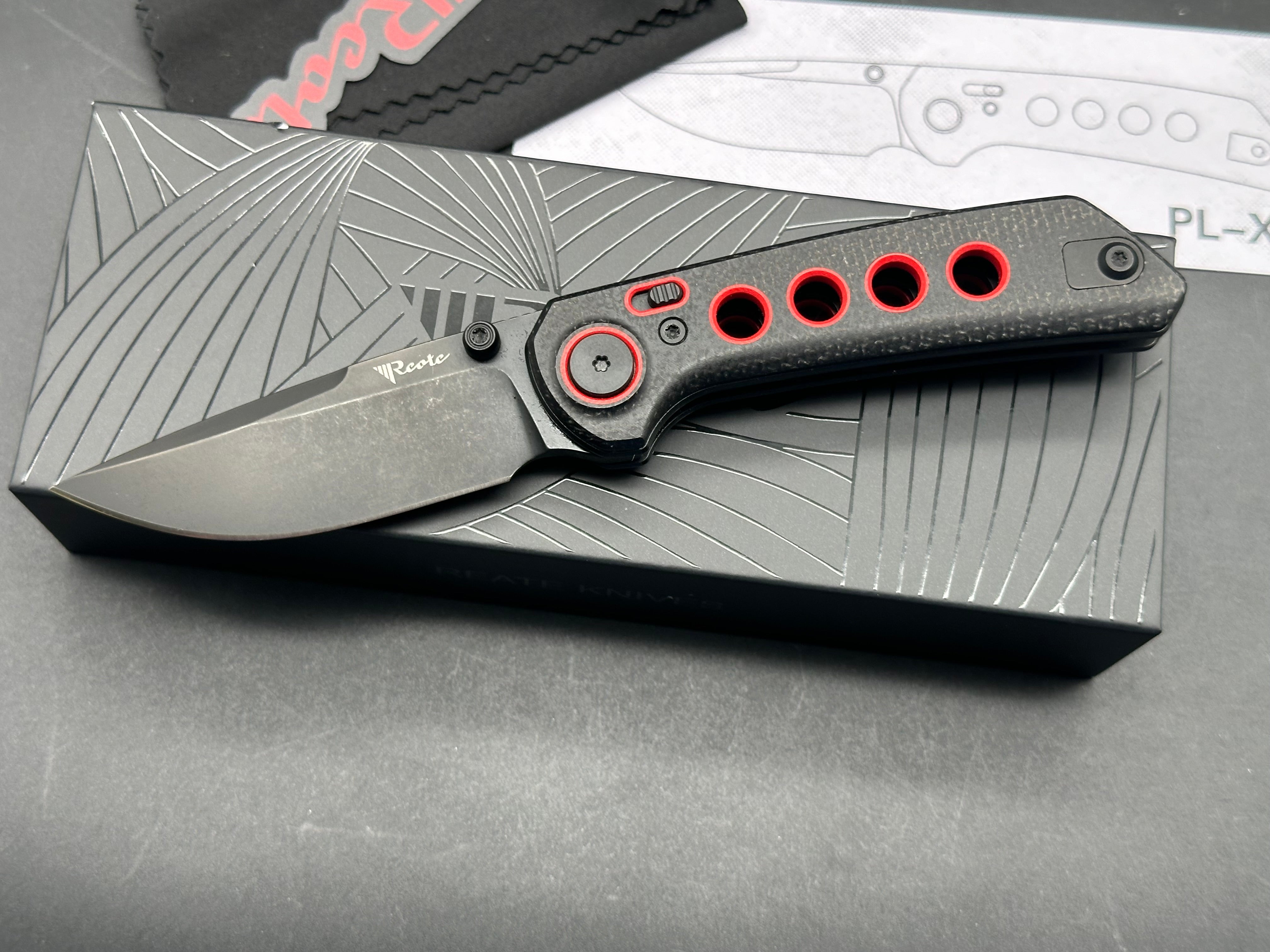 Reate PL XT Folding Knife - Black Micarta Handle with Red Inlay, Black PVD Coated Blade - EDC Pocket Knife for Outdoor Camping, Hiking & Everyday Carry