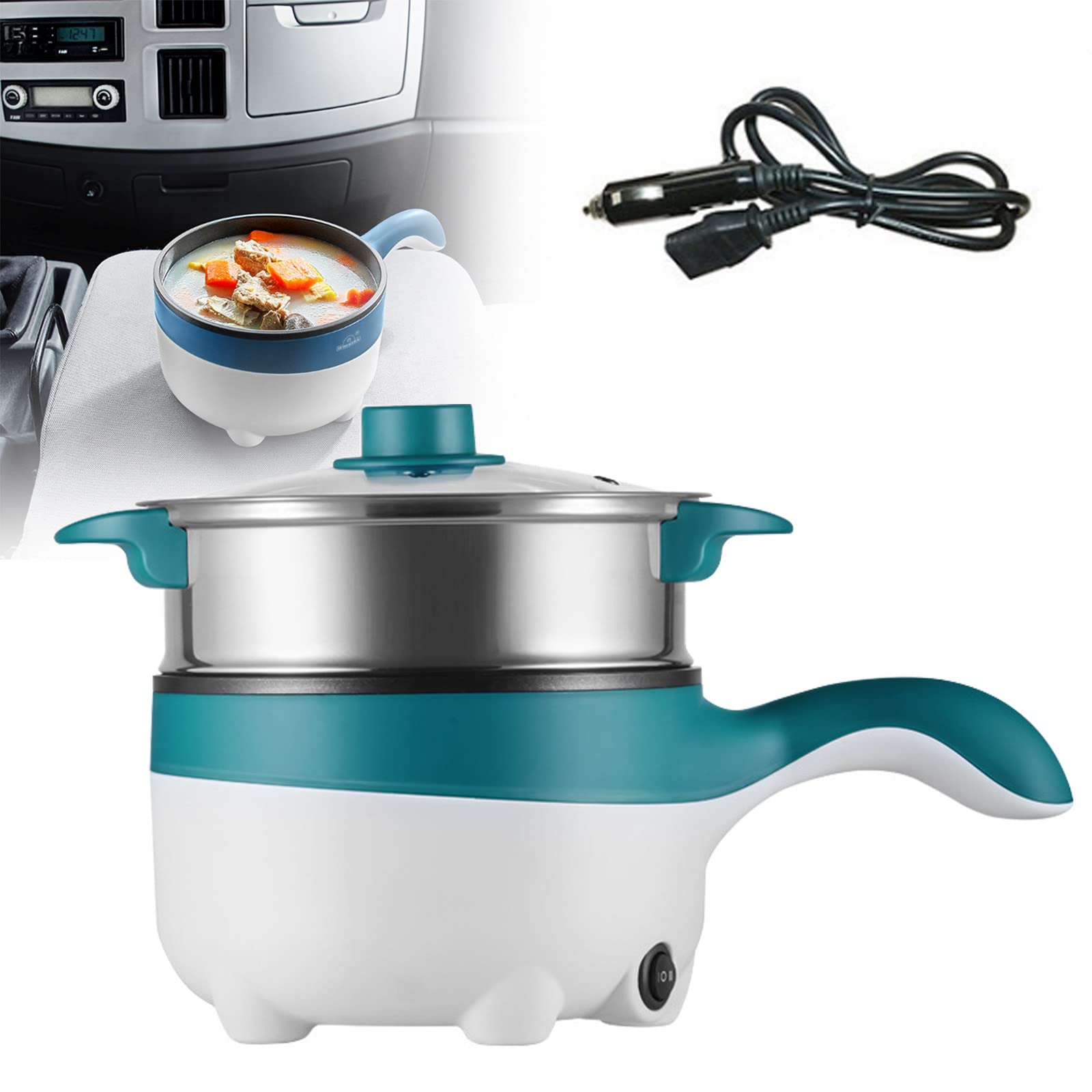 APENCHREN 12V/24V Portable Electric Frying Pan with Steamer - 2L Non-Stick Mini Skillet (18cm) for Car, Camping & Travel - Cook Pasta, Noodles, Vegetables, Meat & Eggs - Perfect for Road Trips, RV Cooking & Outdoor Adventures (12V, Green)