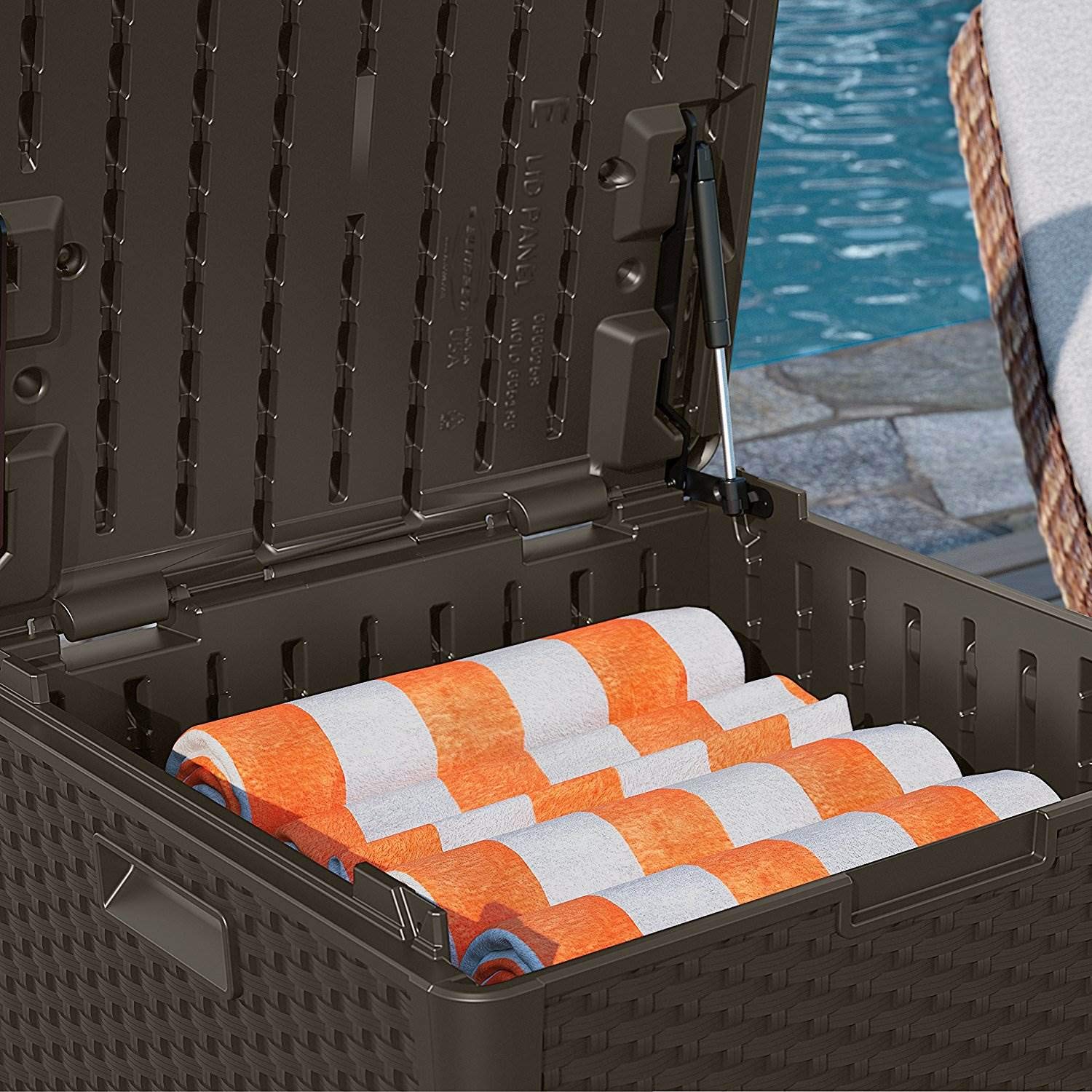 Suncast 60 Gallon Resin Wicker Deck Storage Box - 2 Pack, Java Brown - Outdoor Patio Furniture Organizer for Cushions, Toys & Garden Tools