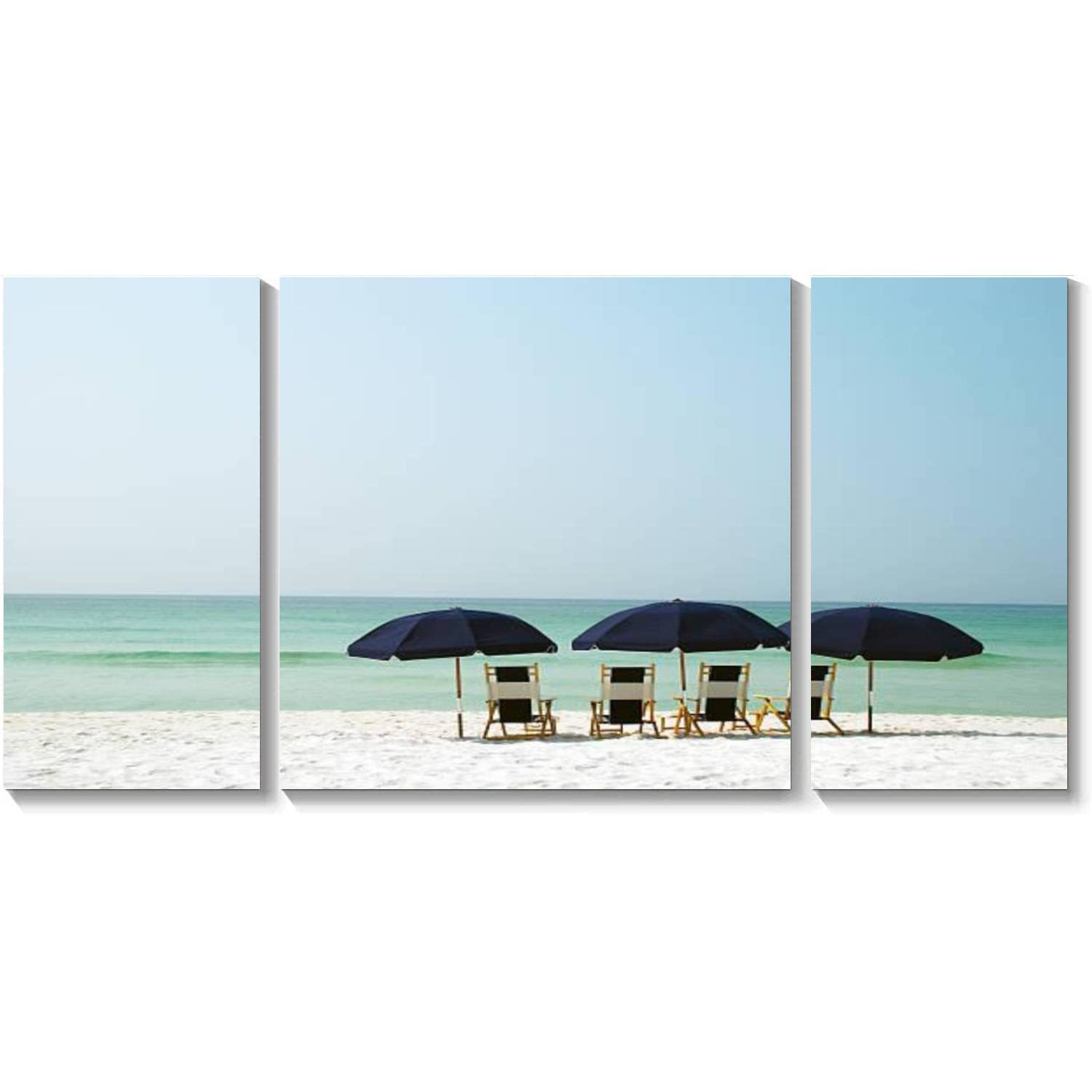3 Panel Beach Canvas Wall Art - Framed Print of Umbrellas and Chairs Painting for Living Room & Bedroom Decor | Coastal Themed Ready-to-Hang Wall Art for Home, Office or Vacation Rental