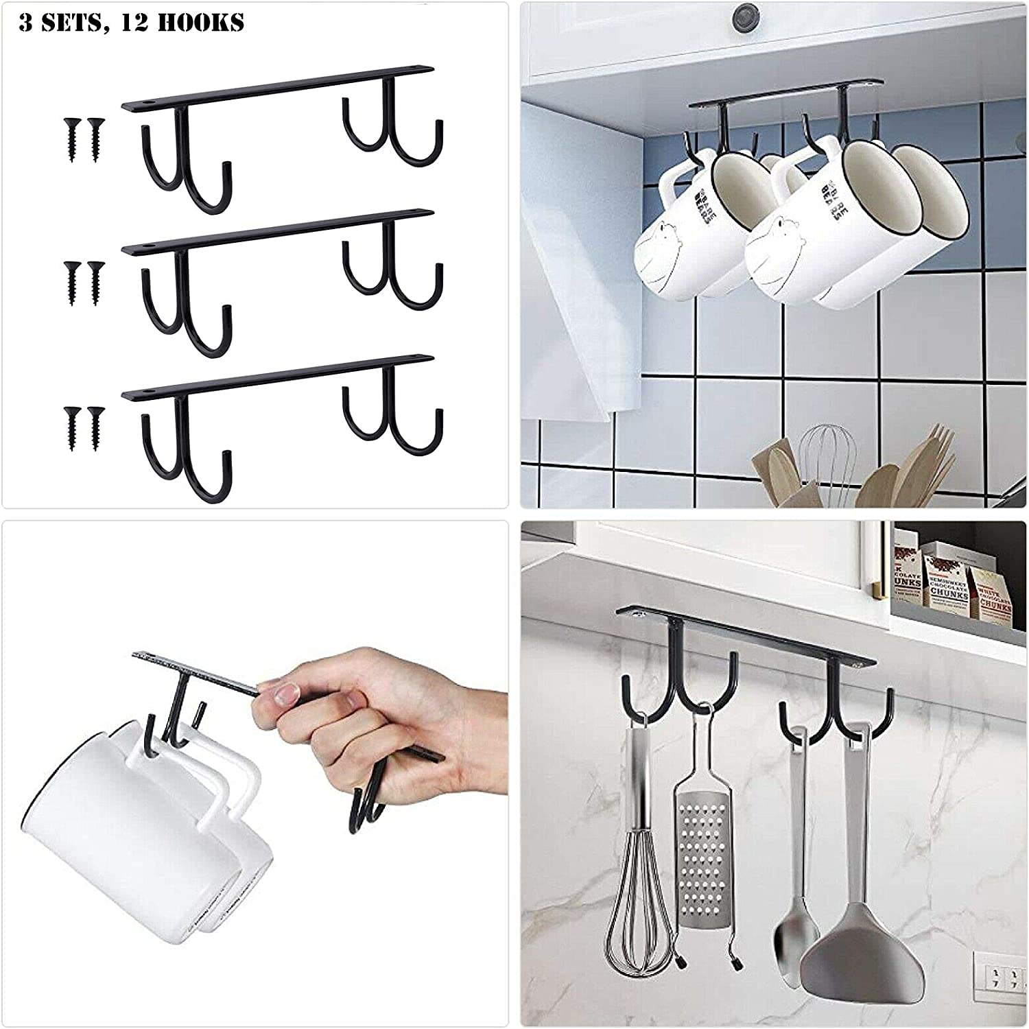 Under Cabinet Mug Hooks Set of 3 - Space Saving Coffee Cup Holder & Drying Rack - Black Kitchen Organizer for Bar, Home & Office Use