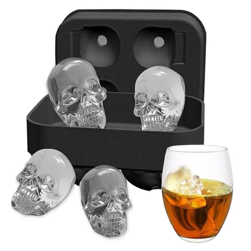 3D Flexible Silicone Skull Ice Cube Molds - Set of 4 Giant Round Ice Cube Makers for Cocktails, Whiskey & Halloween Party Drinks - BPA Free Reusable Ice Tray for Home Bar & Themed Events