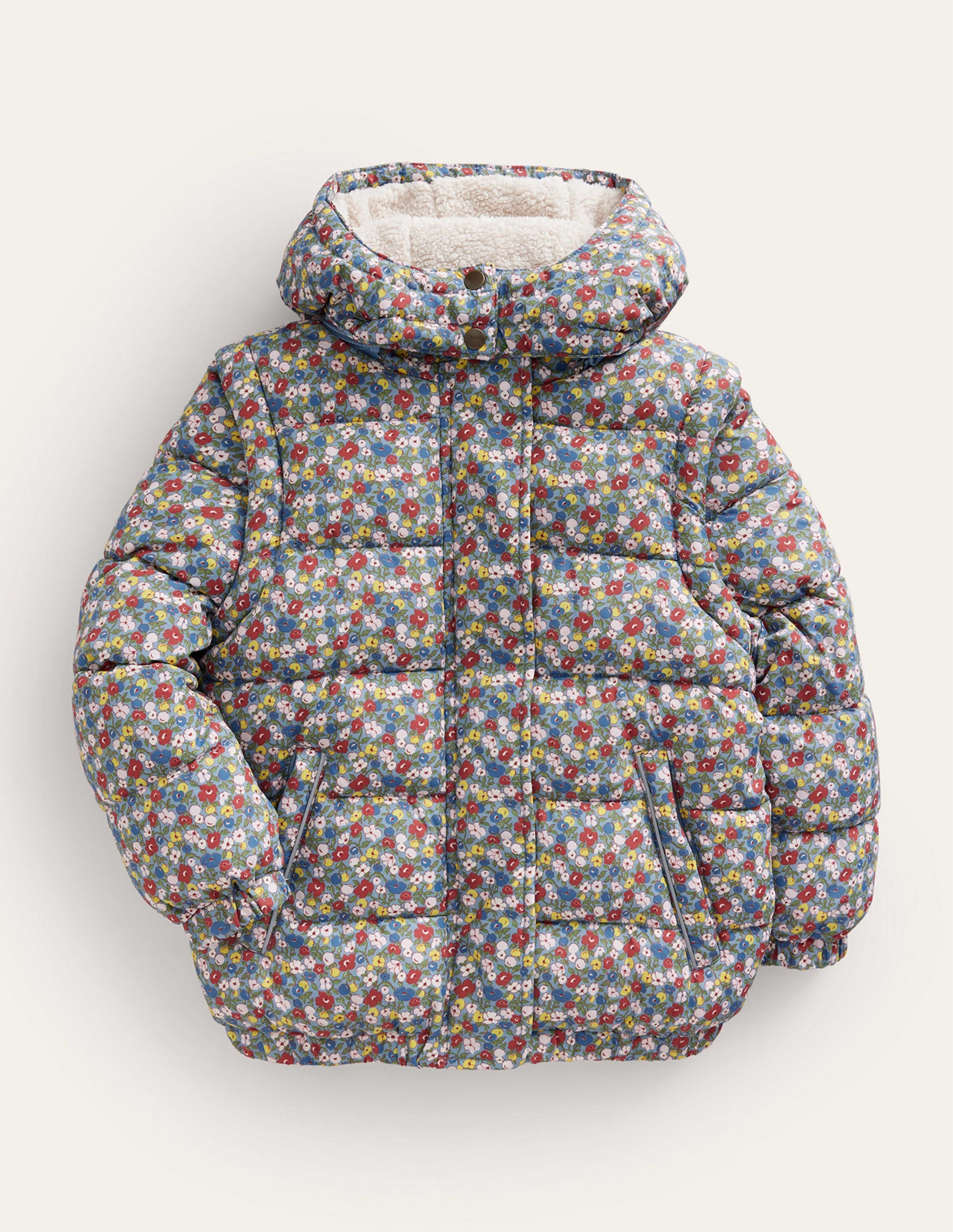 2 in 1 Padded Winter Coat for Women - Warm Reversible Jacket with Hood, Pebble Blue Floral Design | Perfect for Outdoor Activities & Cold Weather Fashion
