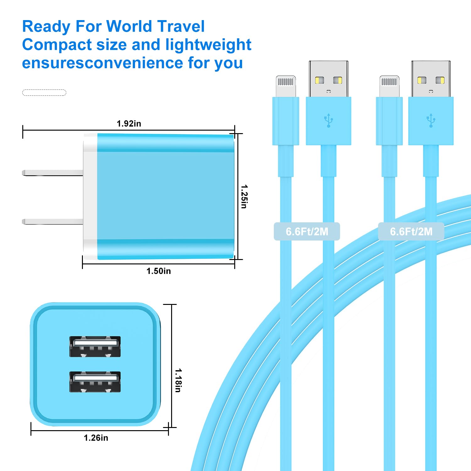 Apple MFi Certified iPhone Charger & Wall Plug - 2Pack 6ft Lightning Cable with 2.4A Fast Dual Port USB Charger for iPhone 14/13/12/11/XR/XS/8/7/6S Plus/SE/5C (Blue) - Perfect for Home, Office & Travel Charging