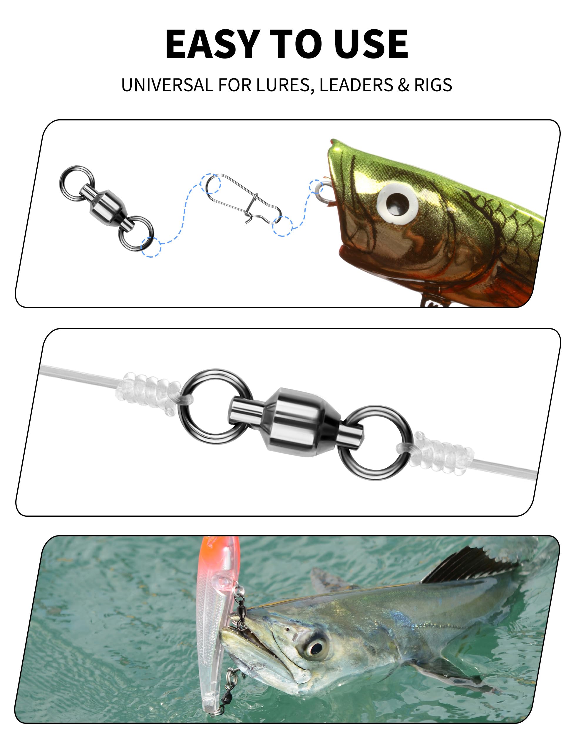 Premium Fishing Ball Bearing Swivels - High Strength Tackle Connector for Saltwater & Freshwater (33LB-507LB) | Black Nickel Coated | Smooth Rotation for Lure Fishing, Trolling & Offshore Angling