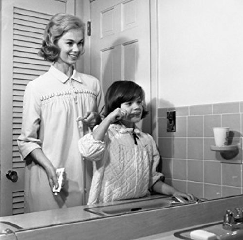 Posterazzi Mother Helping Daughter Brush Teeth Mirror Reflection Poster Print, 18x24 Inches - Perfect for Bathroom Decor, Kids' Room, and Parenting Inspiration