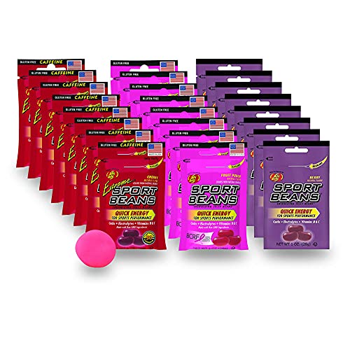 JB Jelly Belly Sport Beans Energy Chews - 24 Pack Variety (Berry, Fruit Punch, Extreme Cherry) - 1oz Each - Includes Free Stress Ball - Perfect for Runners, Cyclists & Athletes