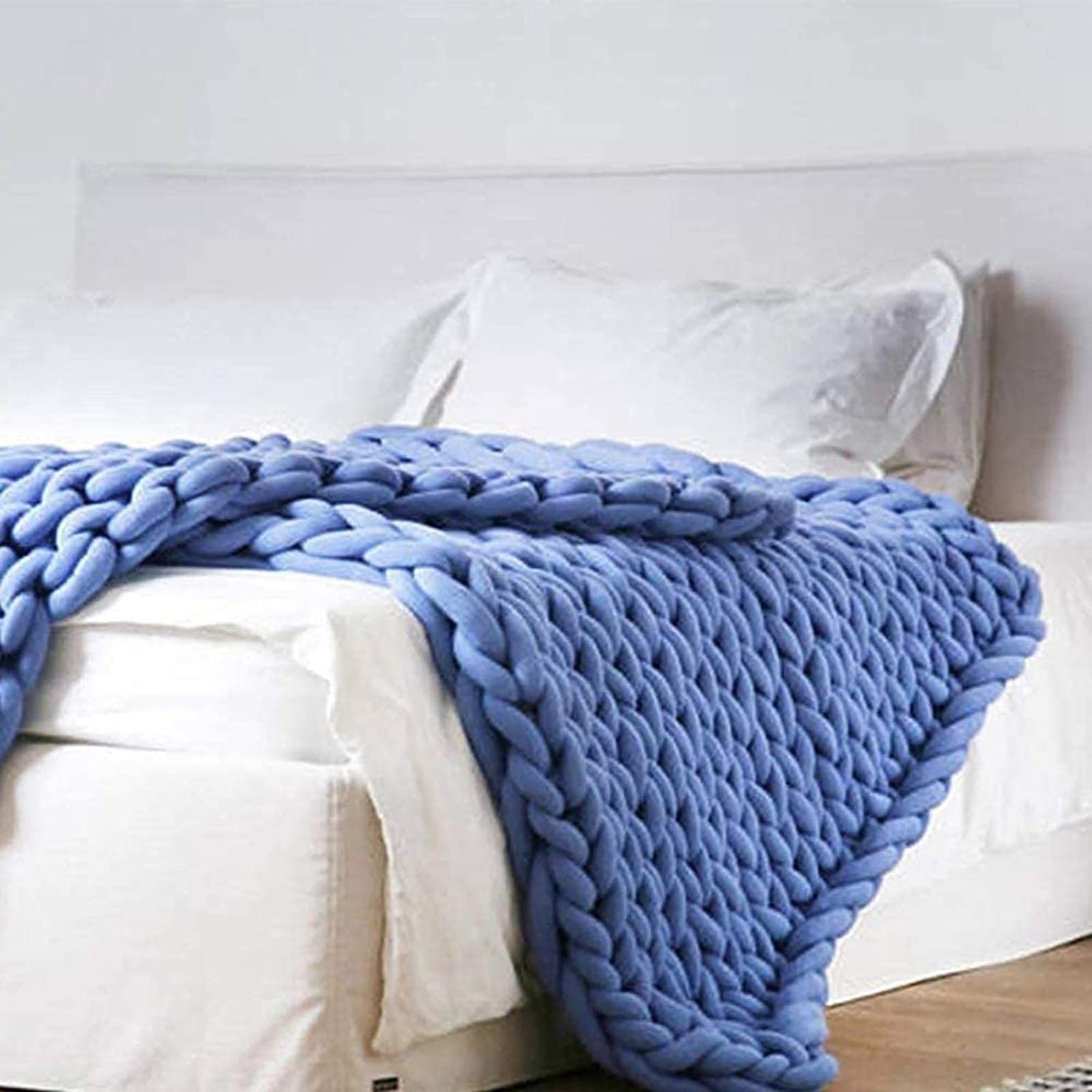 Chunky Knit Blanket - Soft Coarse Knitted Wool Throw for Sofa, Bed, Yoga & Home Decor - 100x100cm Blue - Perfect for Cozy Nights, Gifts & Boho Style Living Room