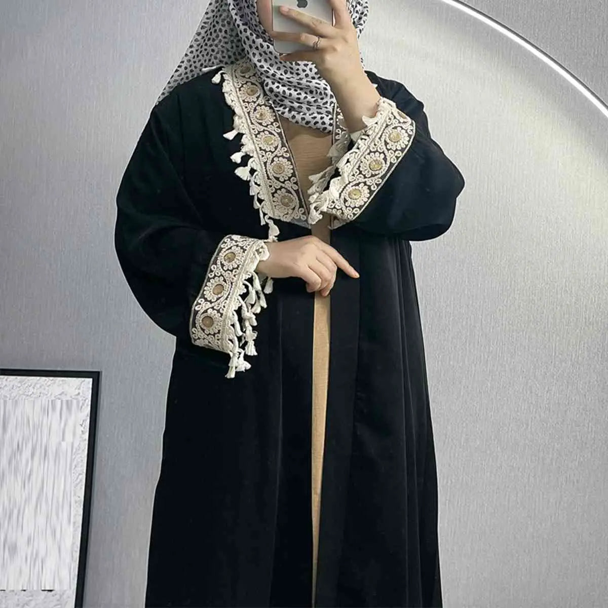 Elegant Muslim Women's Open Abaya Dress with Embroidery Tassel - Modest Islamic Cardigan for Prayer, Eid & Special Occasions