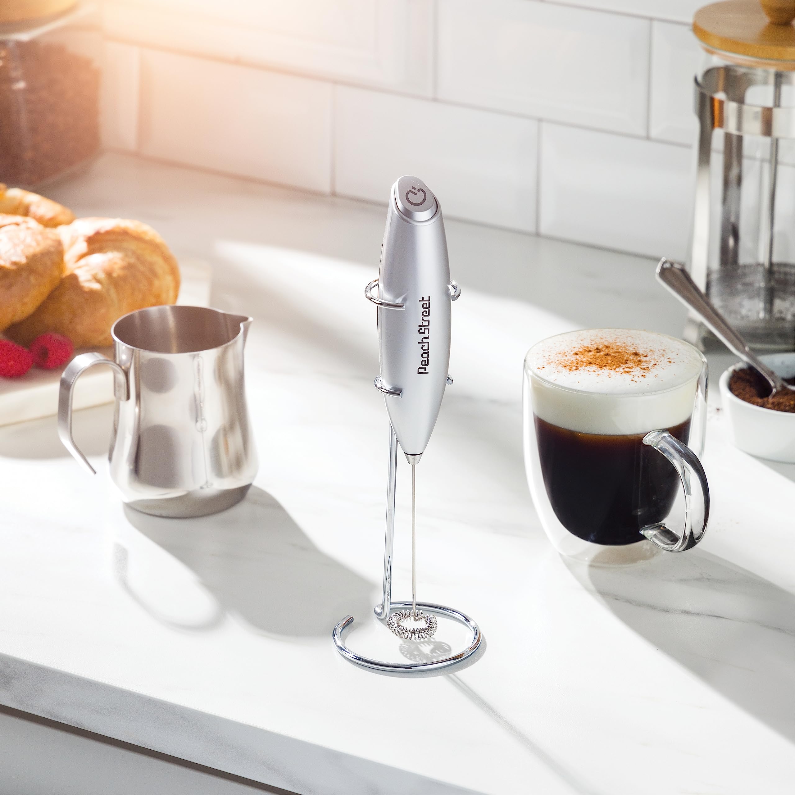 Premium Handheld Milk Frother - Battery Operated Stainless Steel Drink Mixer with Stand for Coffee, Lattes, Cappuccino | Perfect for Home Baristas & Coffee Lovers - Create Cafe-Quality Foam for Hot Chocolate, Matcha & Frappes