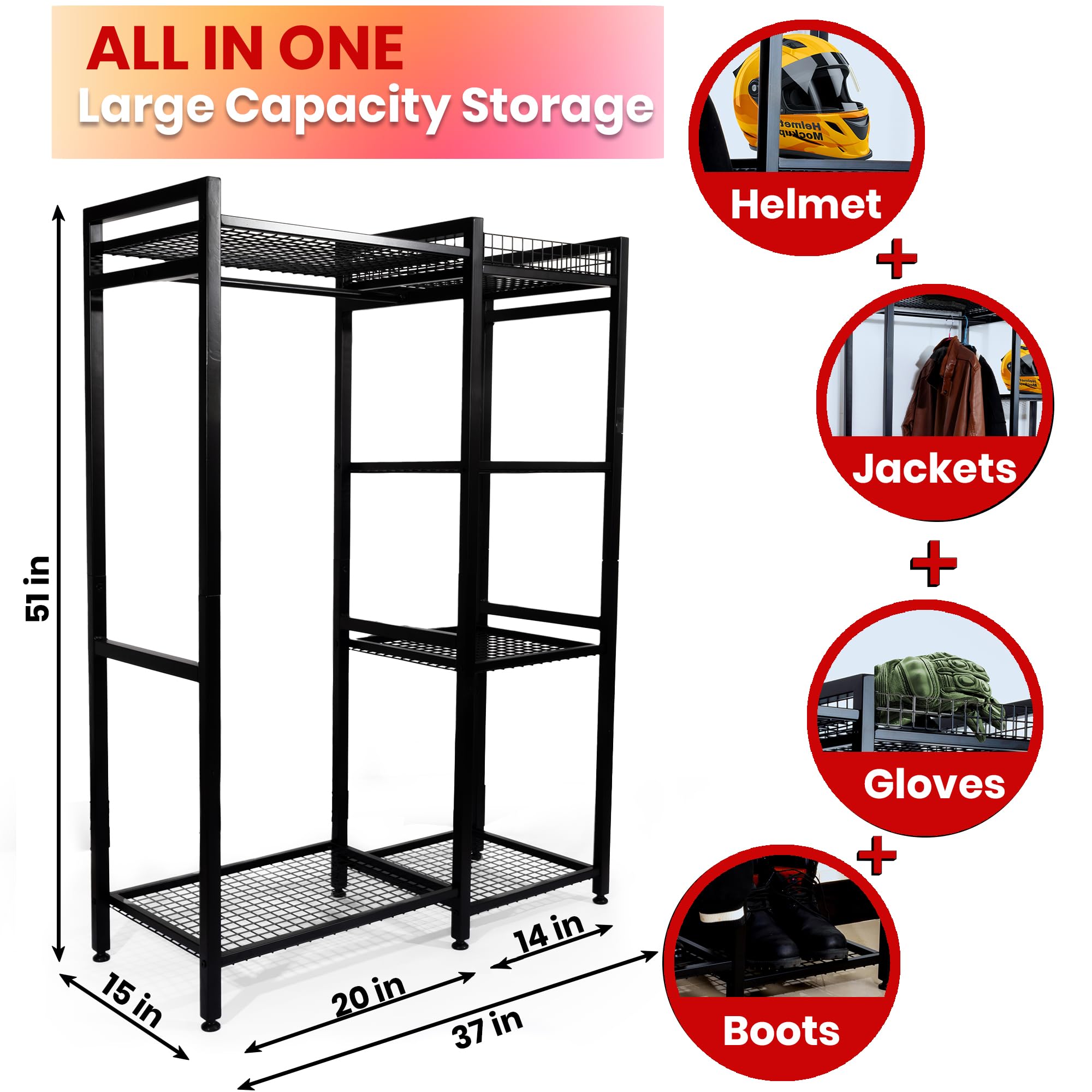 Motorcycle Helmet Holder & Gear Storage Rack - Heavy Duty Helmet Stand for Helmets, Jackets, Gloves & Boots - Perfect for Garage, Showroom & Motorcycle Accessories Display