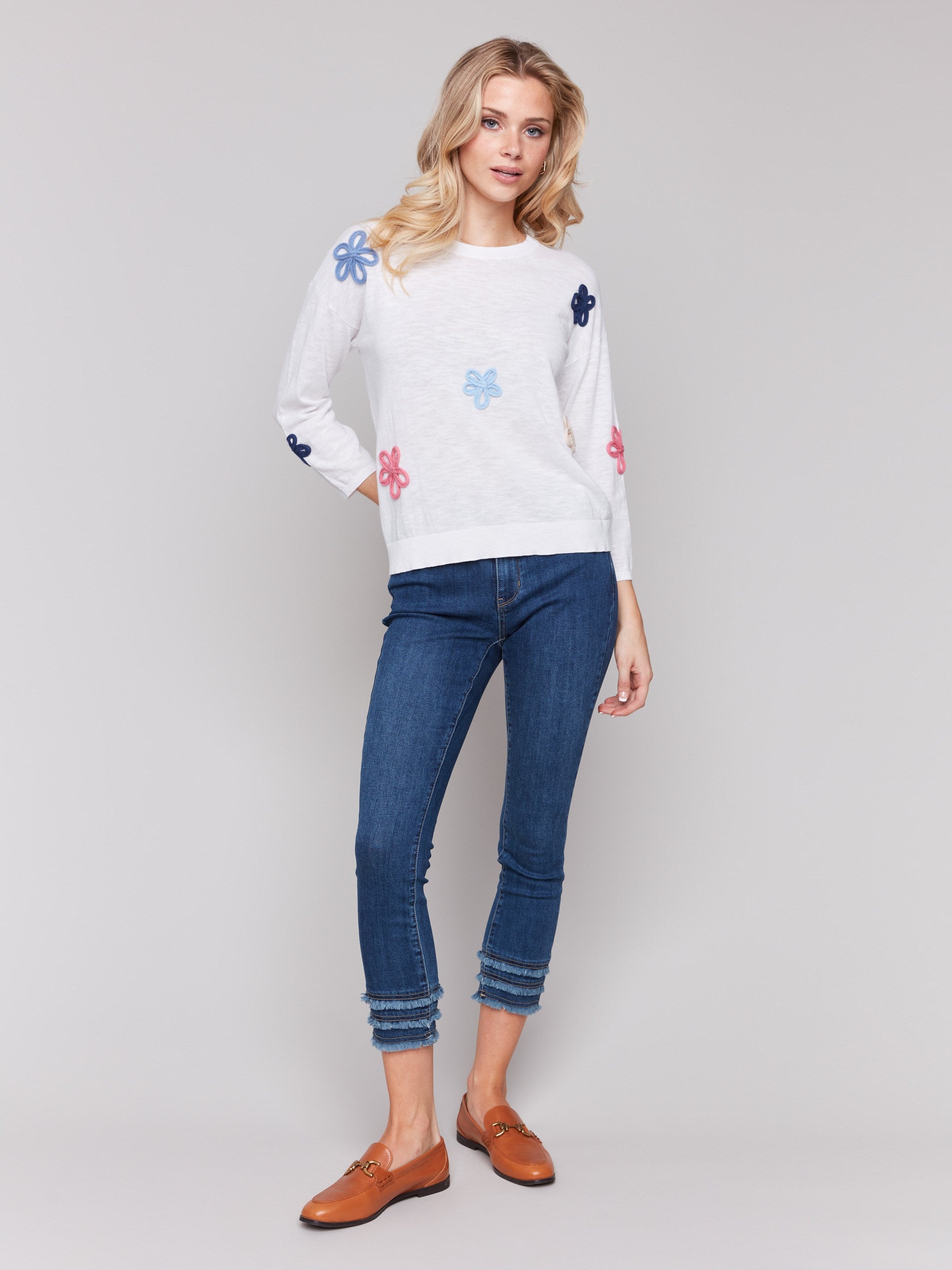 Women's White Cotton Sweater with Floral Embroidery - Cozy Pullover for Fall & Winter Fashion | Perfect for Casual Outfits, Office Wear & Holiday Gatherings