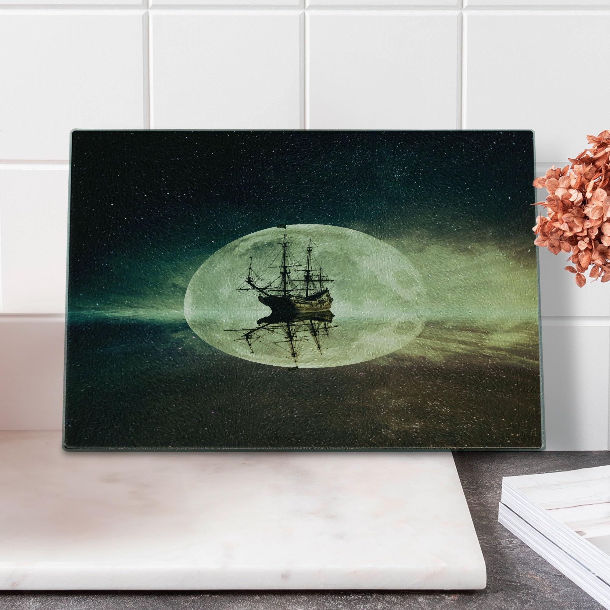 Vintage Old Ship Ocean Cutting Board - Tempered Glass Serving Board with Moonlight Starry Night Sky Design, Small Size (Umber Dark Blue White) - Perfect for Kitchen Decor, Cheese Platter & Party Serving