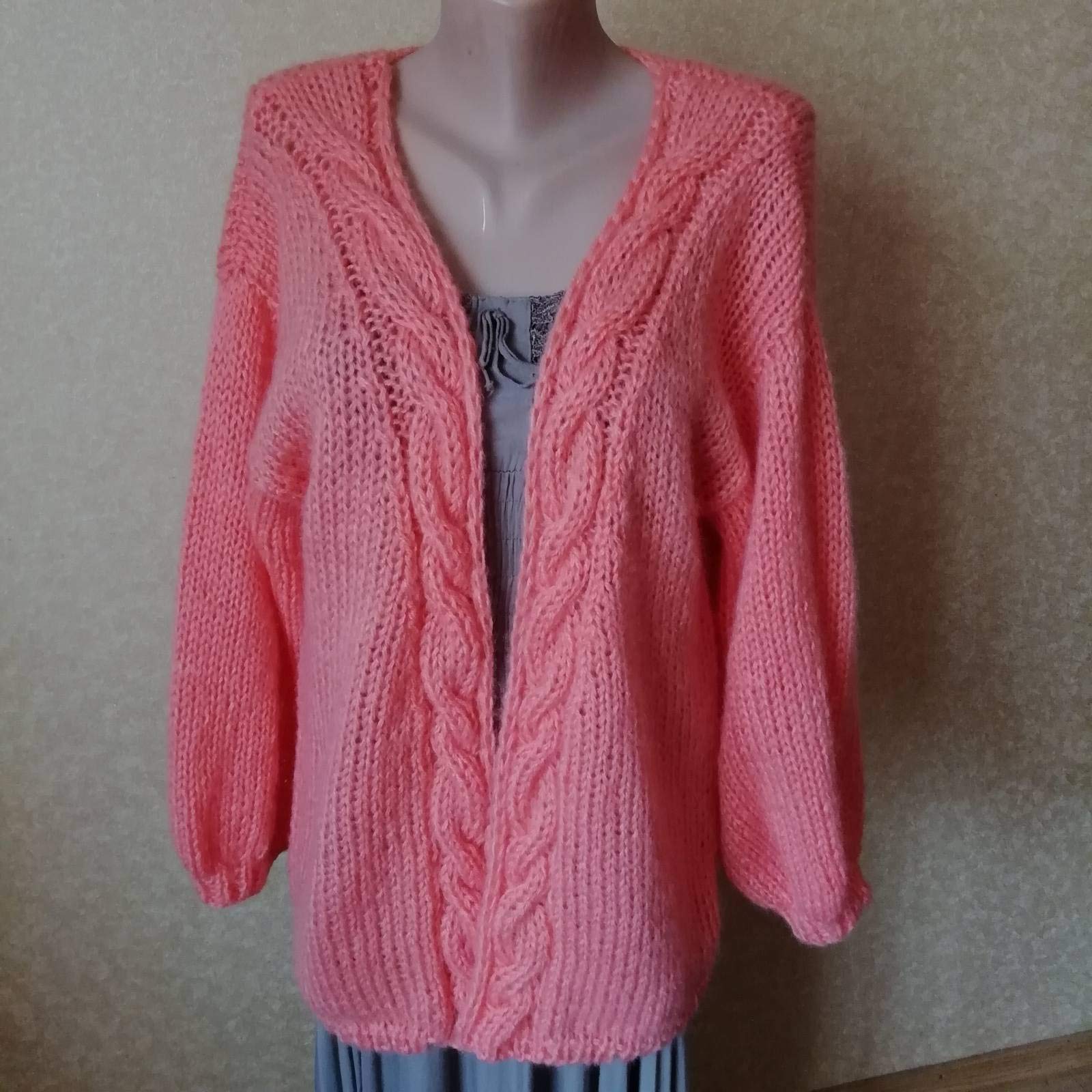 Handmade Mohair Peach Women's Cardigan - Oversized Open Knit Braid Sweater with Flashlight Sleeves | Warm Winter Fashion for Casual Outings & Cozy Home Wear