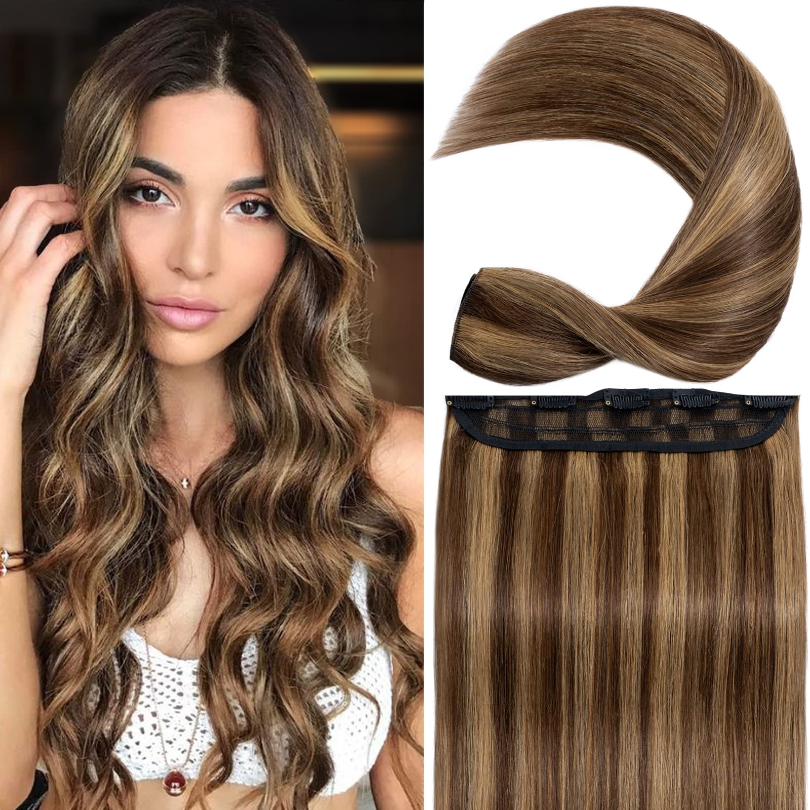S-noilite Clip in Human Hair Extensions 100% Real Human Hair - Balayage Highlights, 20 Inch, 95g (#4/27 Medium Brown/Dark Blonde) - 5 Clips for Full Head Coverage & Natural Volume - Perfect for Daily Styling, Parties & Special Occasions