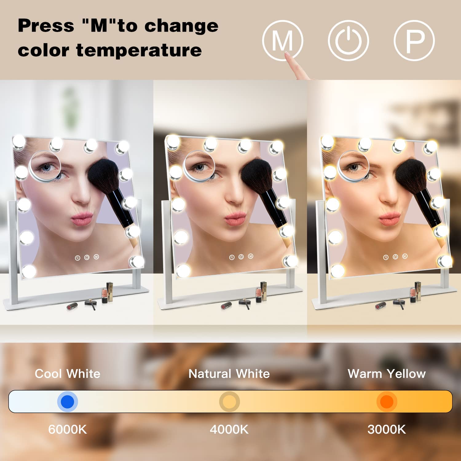 Depuley 18 x 17 Inch Lighted Makeup Mirror with 12 Dimmable LED Bulbs - 3 Color Lighting, 10X Magnification, 360° Swivel & Touch Control (47 x 44 cm) - Perfect for Vanity, Dressing Room & Professional Makeup Application
