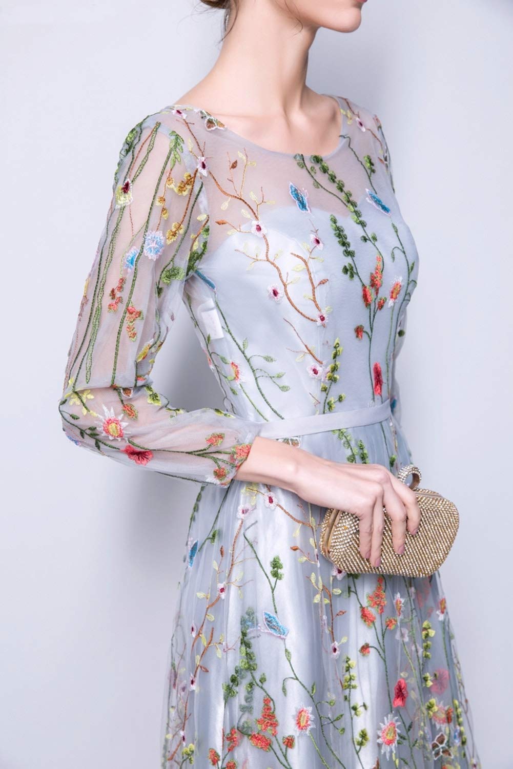 Elegant Floral Embroidery Prom Party Dress for Women - Long 3D Flower Evening Gown for Formal Events, Weddings & Special Occasions