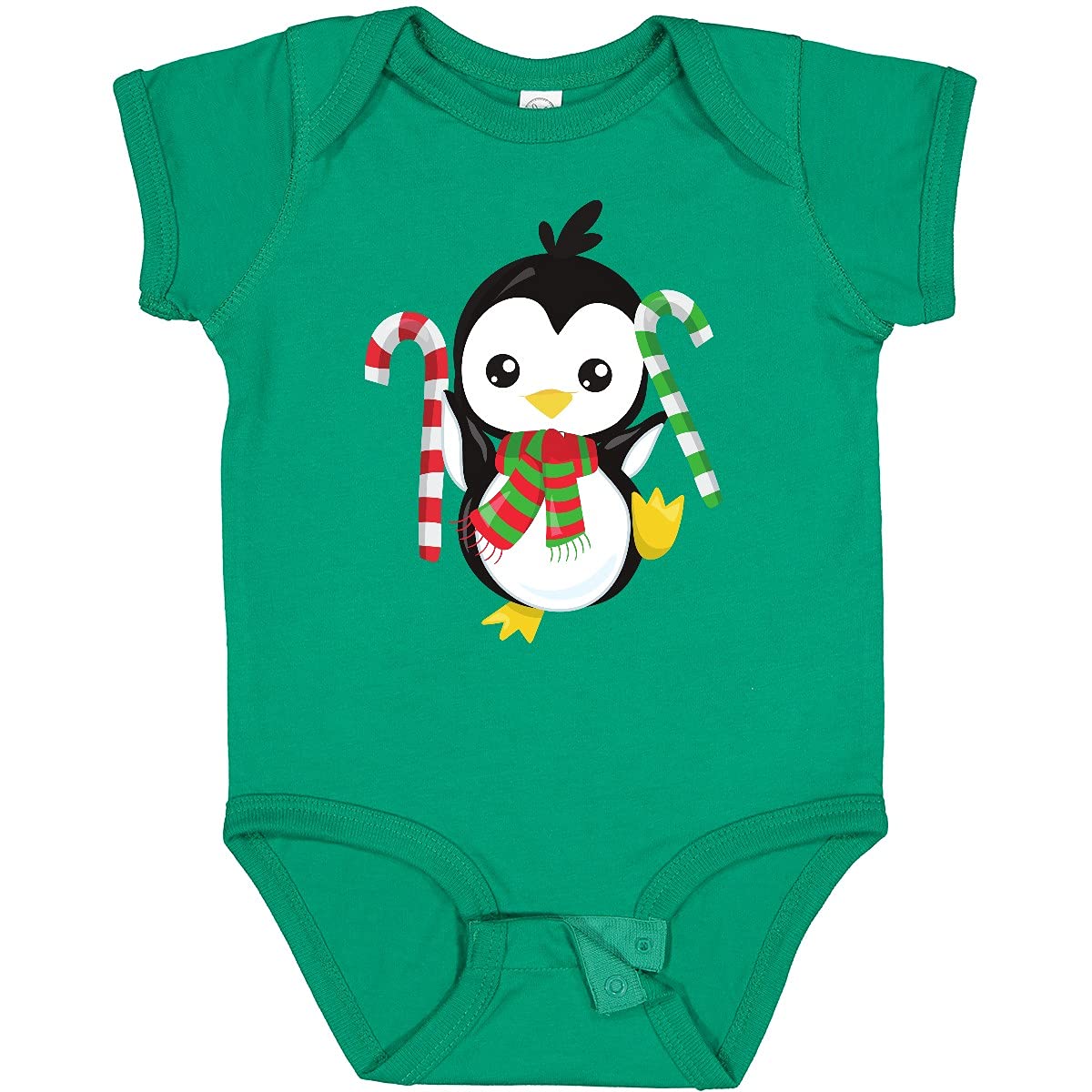 Inktastic Christmas Penguin Baby Bodysuit - Cute Penguin with Scarf & Candy Cane Design - Perfect for Holiday Photos, Family Gatherings & Festive Outfits