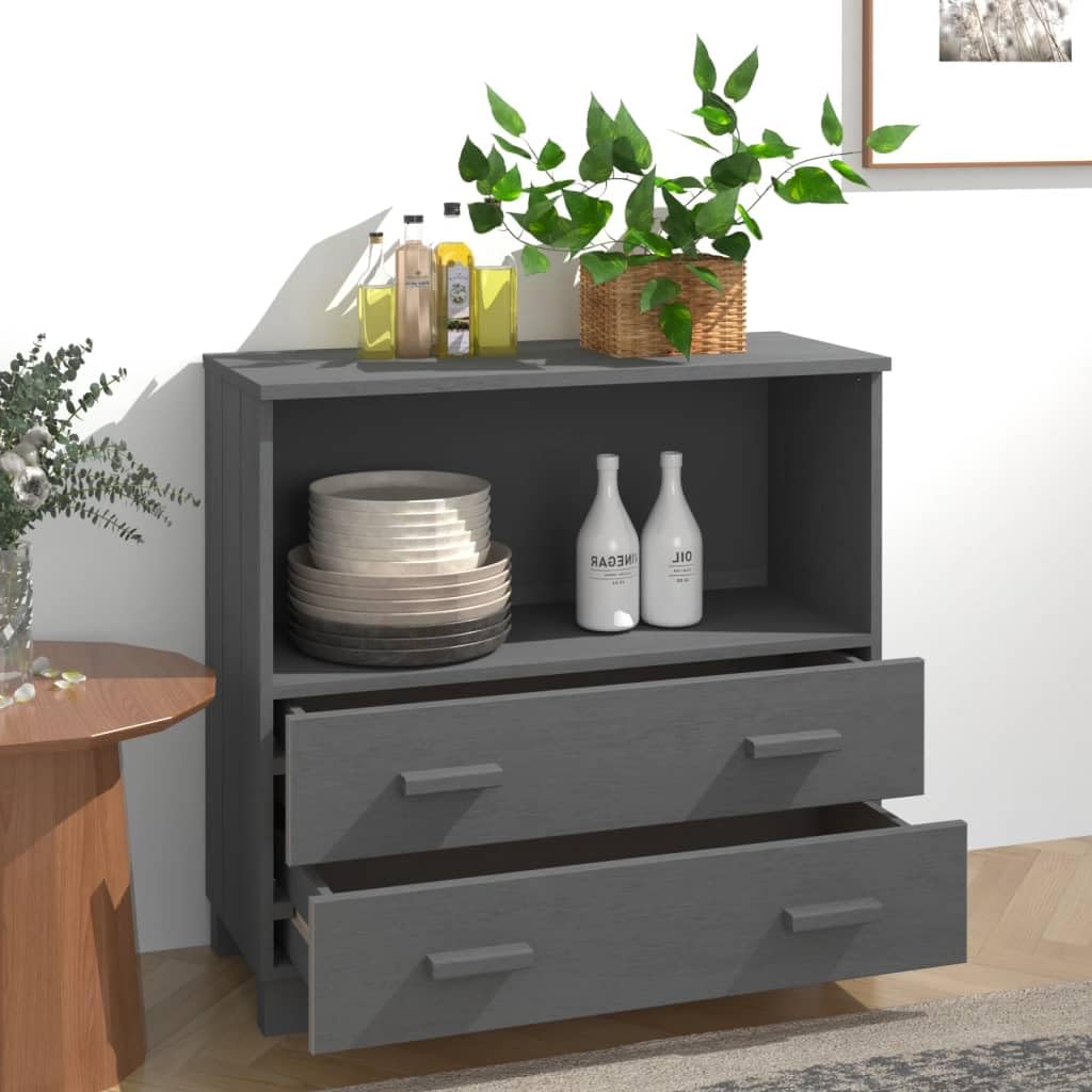 vidaXL HAMAR Solid Wood Sideboard in Dark Gray - Spacious Storage Cabinet with 1 Open Compartment & 2 Drawers - Perfect for Living Room, Dining Room, or Entryway Storage & Display