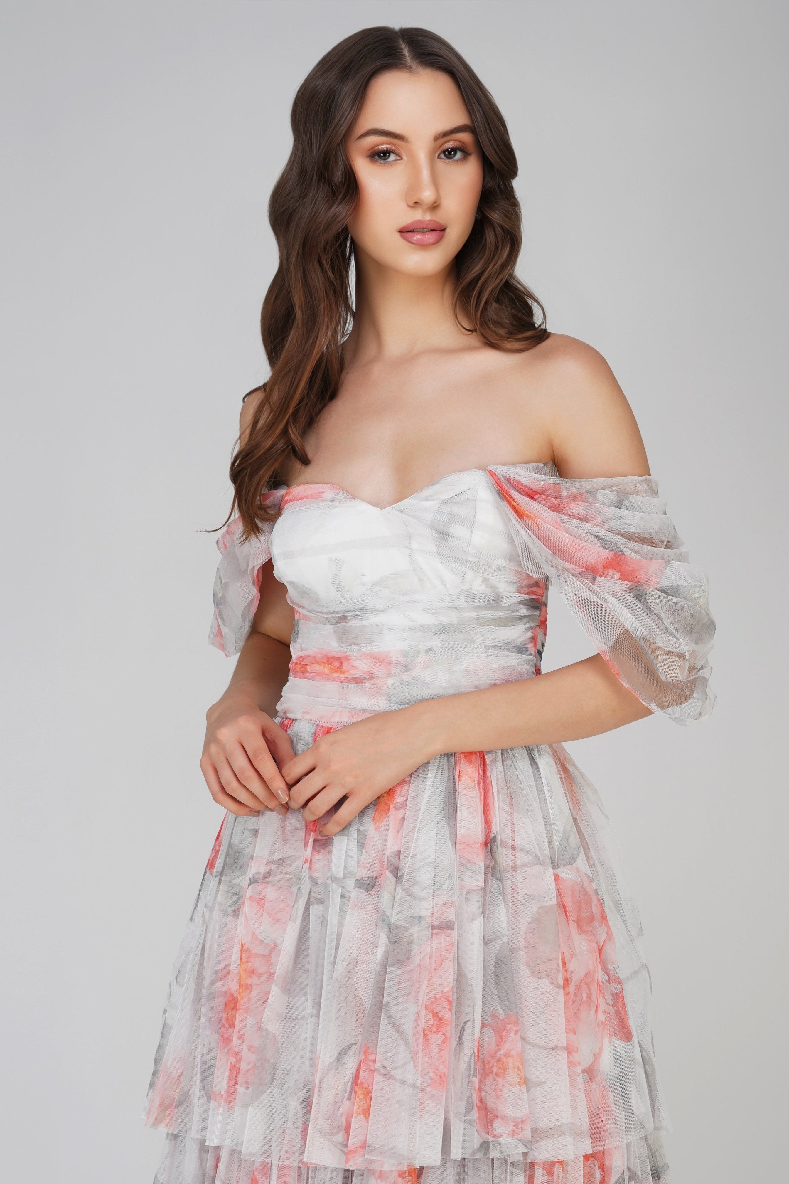 Peach Floral Sydney Tulle Maxi Dress - Elegant Long Formal Gown for Weddings, Prom, Evening Parties & Special Occasions