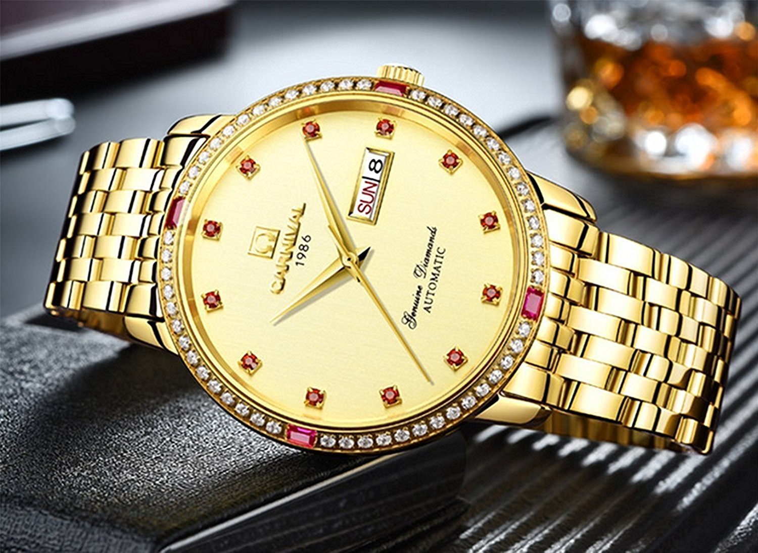 Men's Automatic Mechanical Watch with Calendar - Gold Stainless Steel, Diamond Accents, Waterproof (50M) | Perfect for Formal Events, Business Meetings & Luxury Gifts