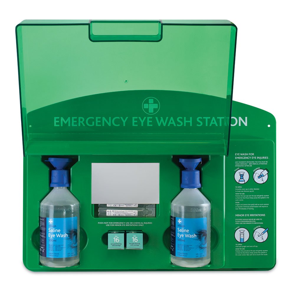 Reliance Medical Eye Wash Station - Emergency Eye Wash Kit with LED Light, 500ml Saline Solution & Eye Bandage for Workplace, Lab, and First Aid Safety