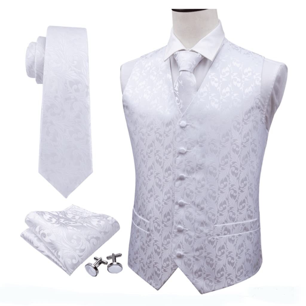 Men's White Silk Formal Vest Waistcoat with Paisley Tie, Cufflinks & Pocket Square Set - Tuxedo Accessories for Weddings, Prom & Special Occasions (Color: White, Size: X-Large)