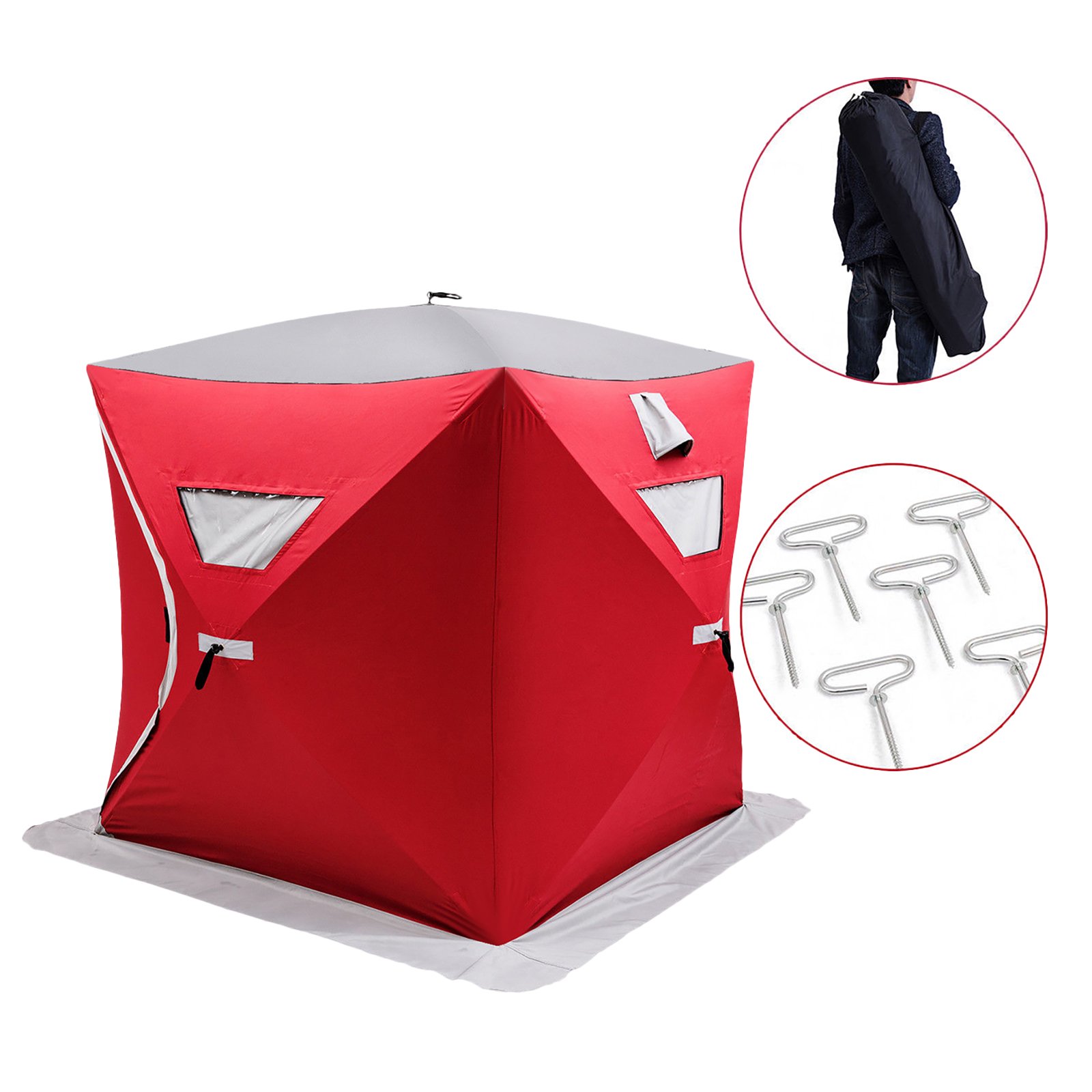 2/3/4/8 Person Ice Fishing Shelter Tent - 300D Oxford Fabric Portable Ice Fishing Shelter - Waterproof & Windproof for Winter Fishing - Perfect for Ice Fishing, Camping, and Outdoor Adventures (Red, 3-Person)