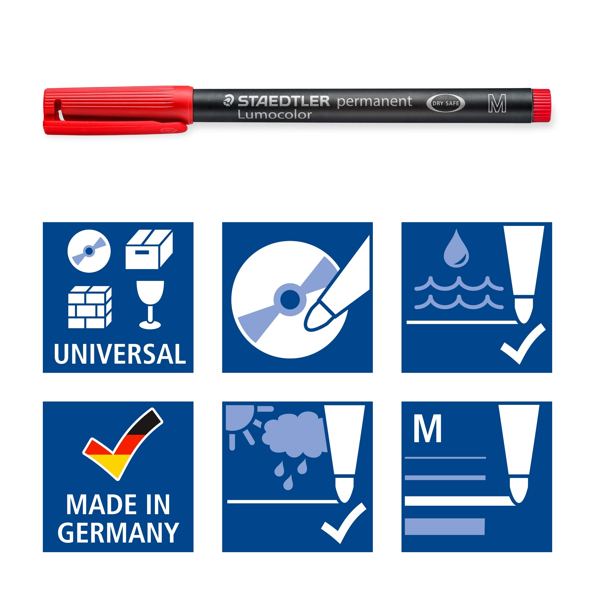Staedtler 317-2 Lumocolor Universal Permanent Medium Pens - Red, Pack of 10 (317-2 VE) | Waterproof & Fade-Resistant Markers for Office, School & Art Projects