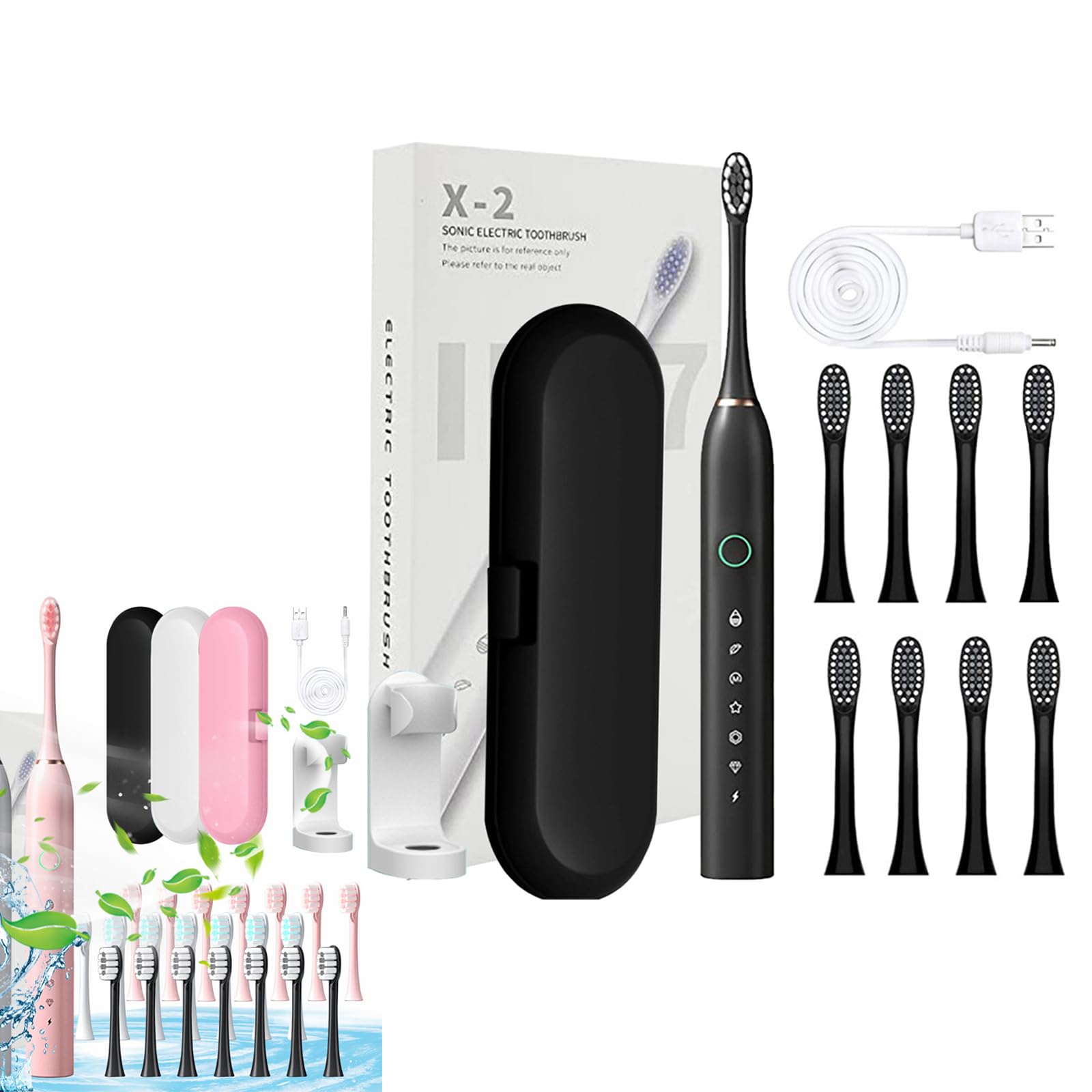 Premium Electric Toothbrush with 8 Brush Heads & 6 Speed Modes - USB Rechargeable, Includes Travel Case & Wall Mount - Soft Bristles for Gentle Cleaning - Perfect for Home, Travel & Daily Oral Care (Black)