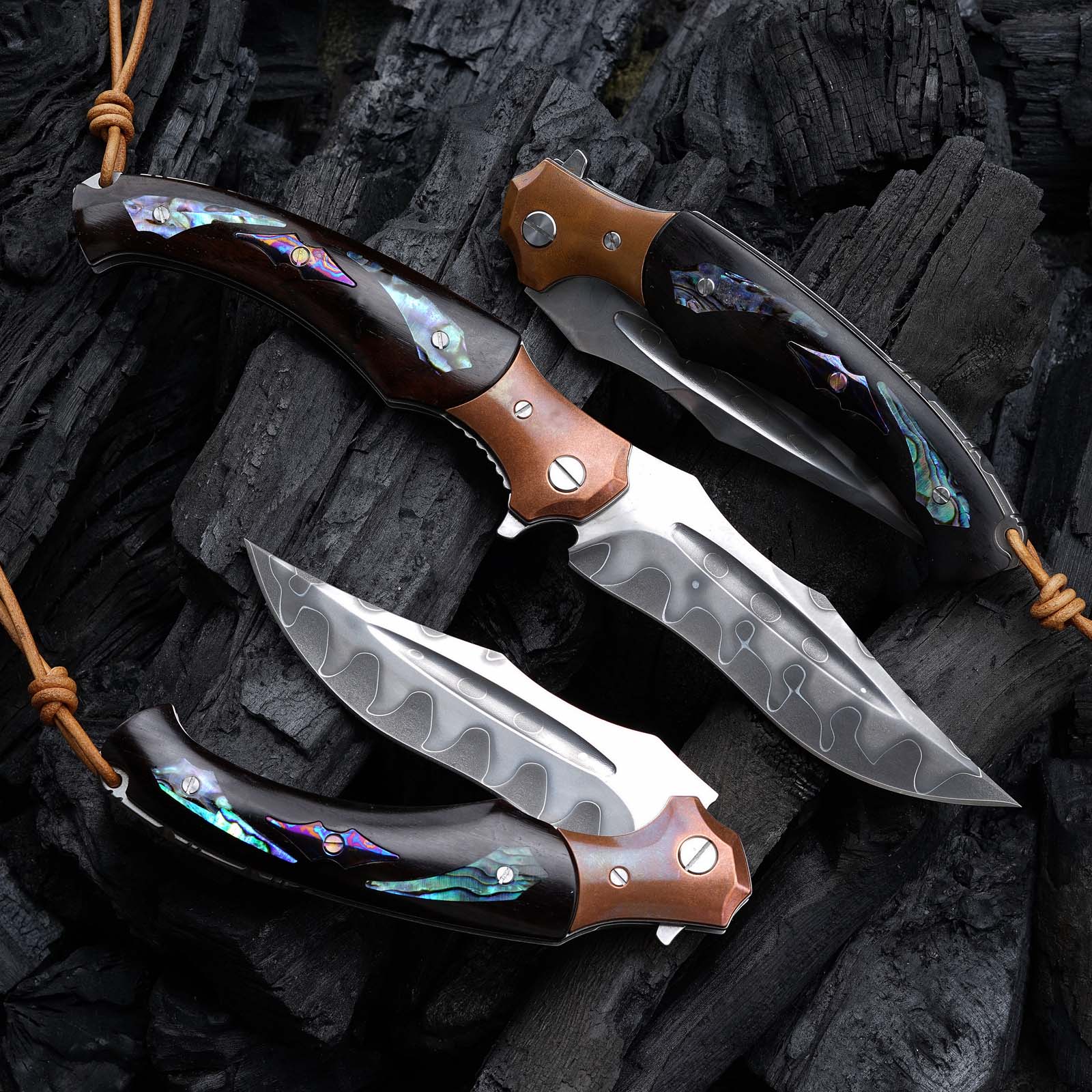 Premium Damascus Steel Pocket Knife with Ebony Wood, Timascus & Abalone Shell Handle - Perfect for EDC, Camping, Hunting & Outdoor Adventures